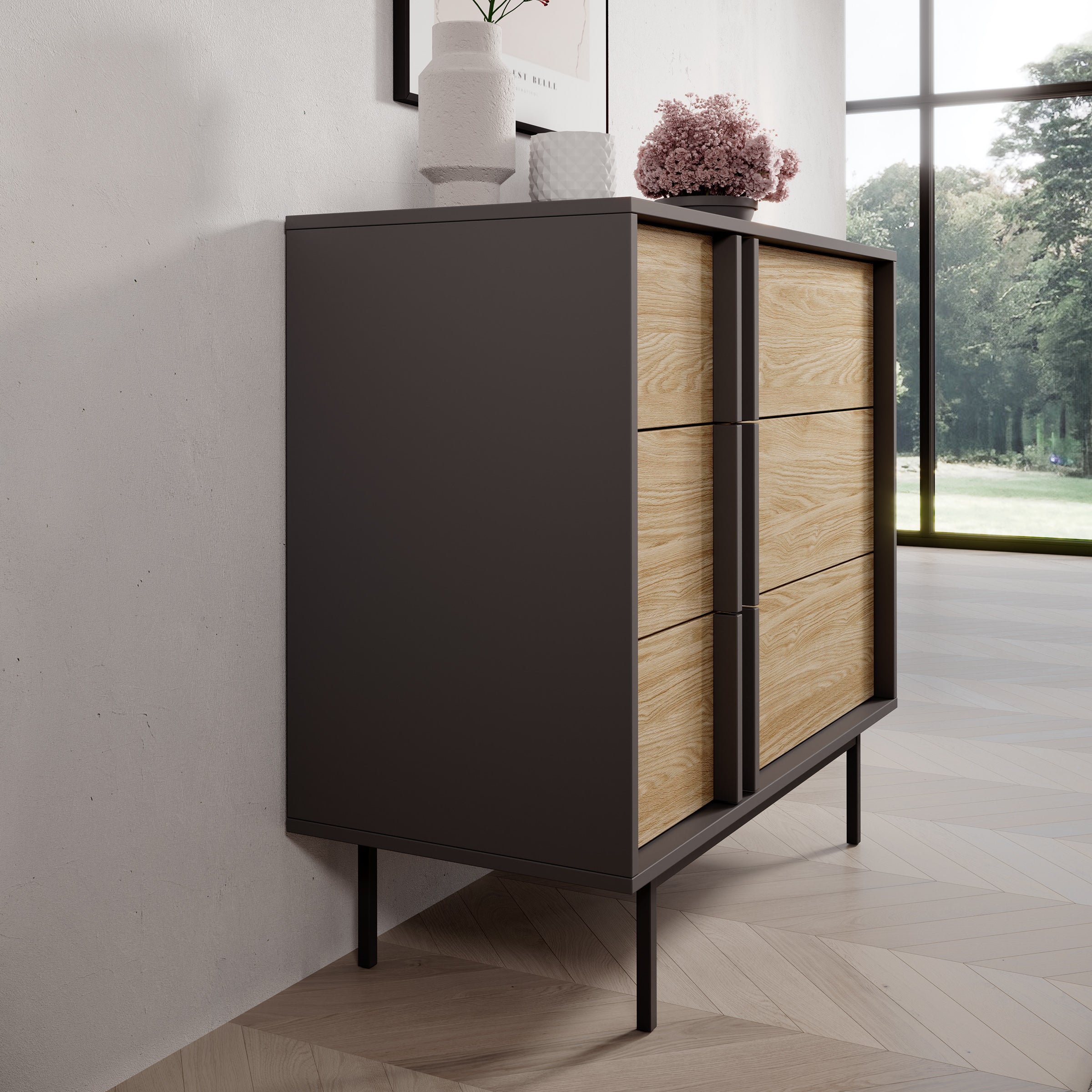 Antigo - Ladekast met 3 lades - Eiken/Antraciet - 93x43x87 cm