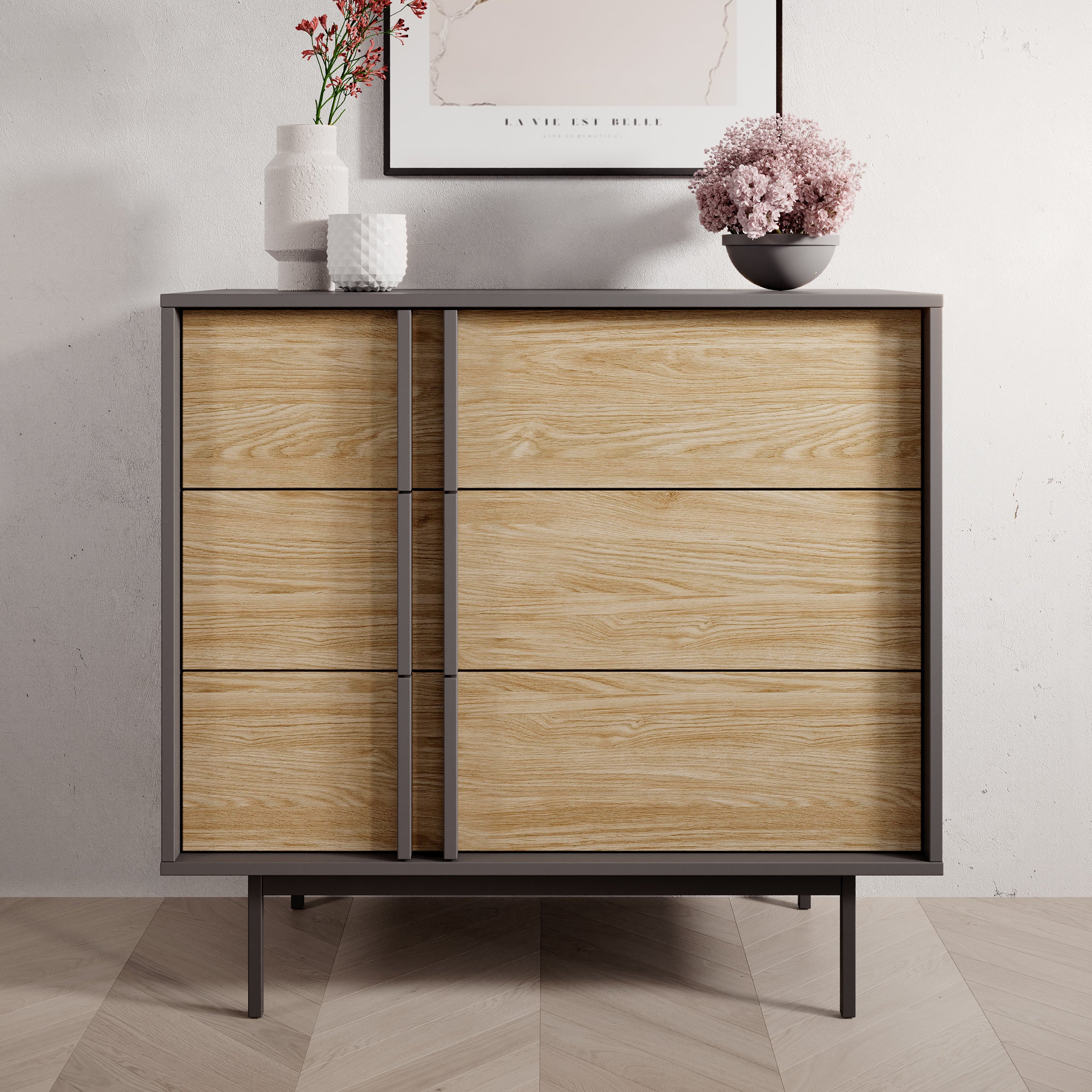 Antigo - Ladekast met 3 lades - Eiken/Antraciet - 93x43x87 cm