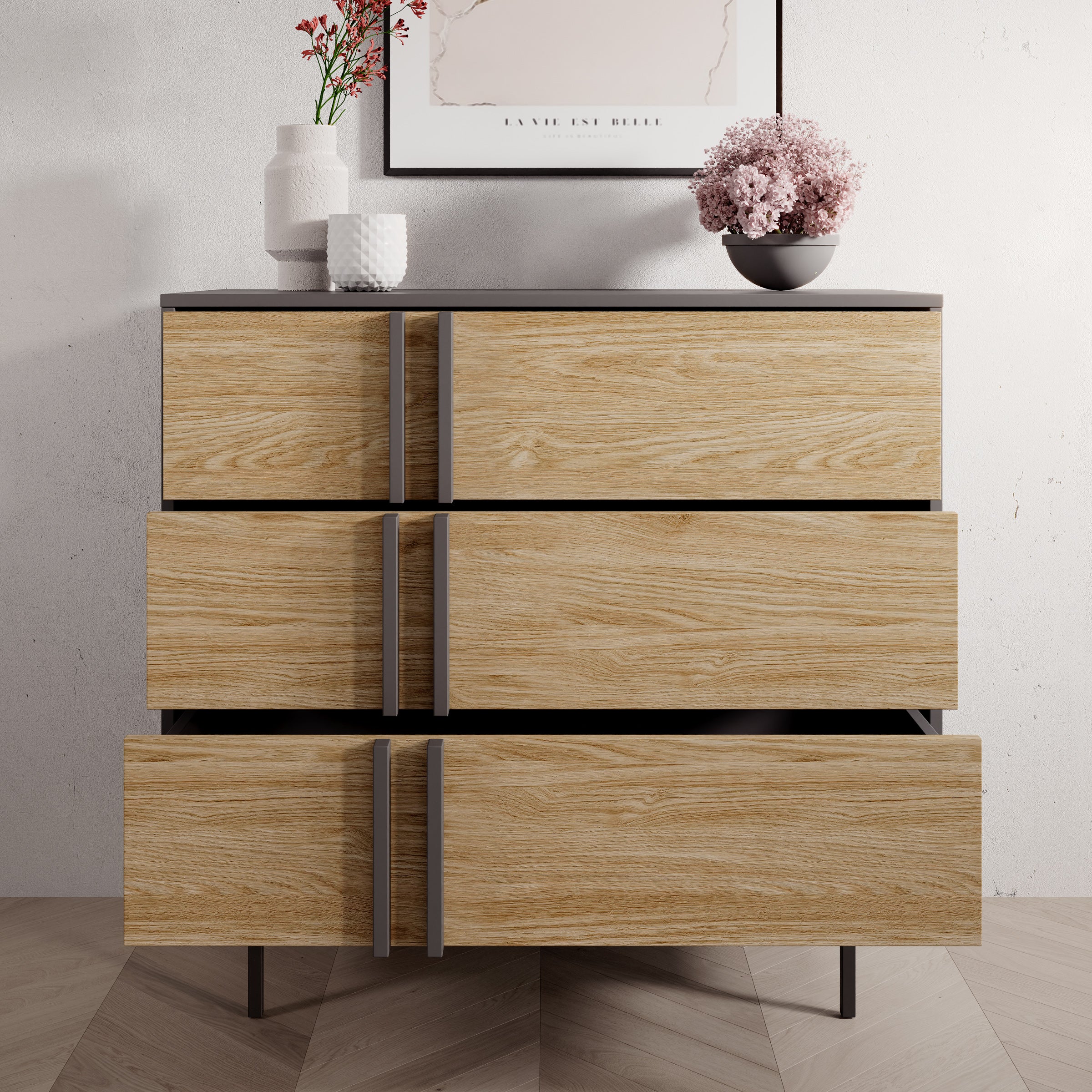 Antigo - Ladekast met 3 lades - Eiken/Antraciet - 93x43x87 cm
