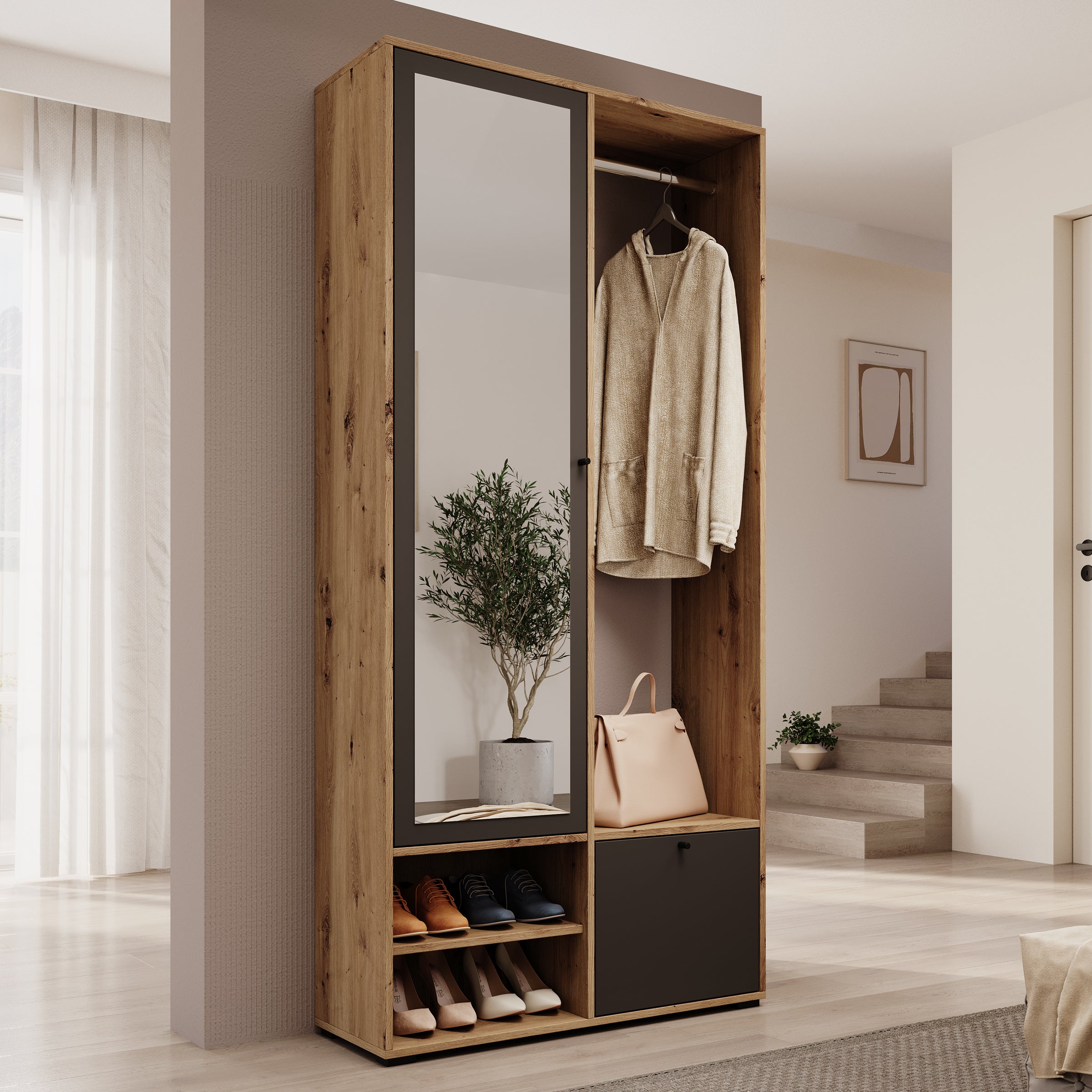 Deacon - Halkast met 2 deuren - Eiken/Zwart - 90x33x190 cm