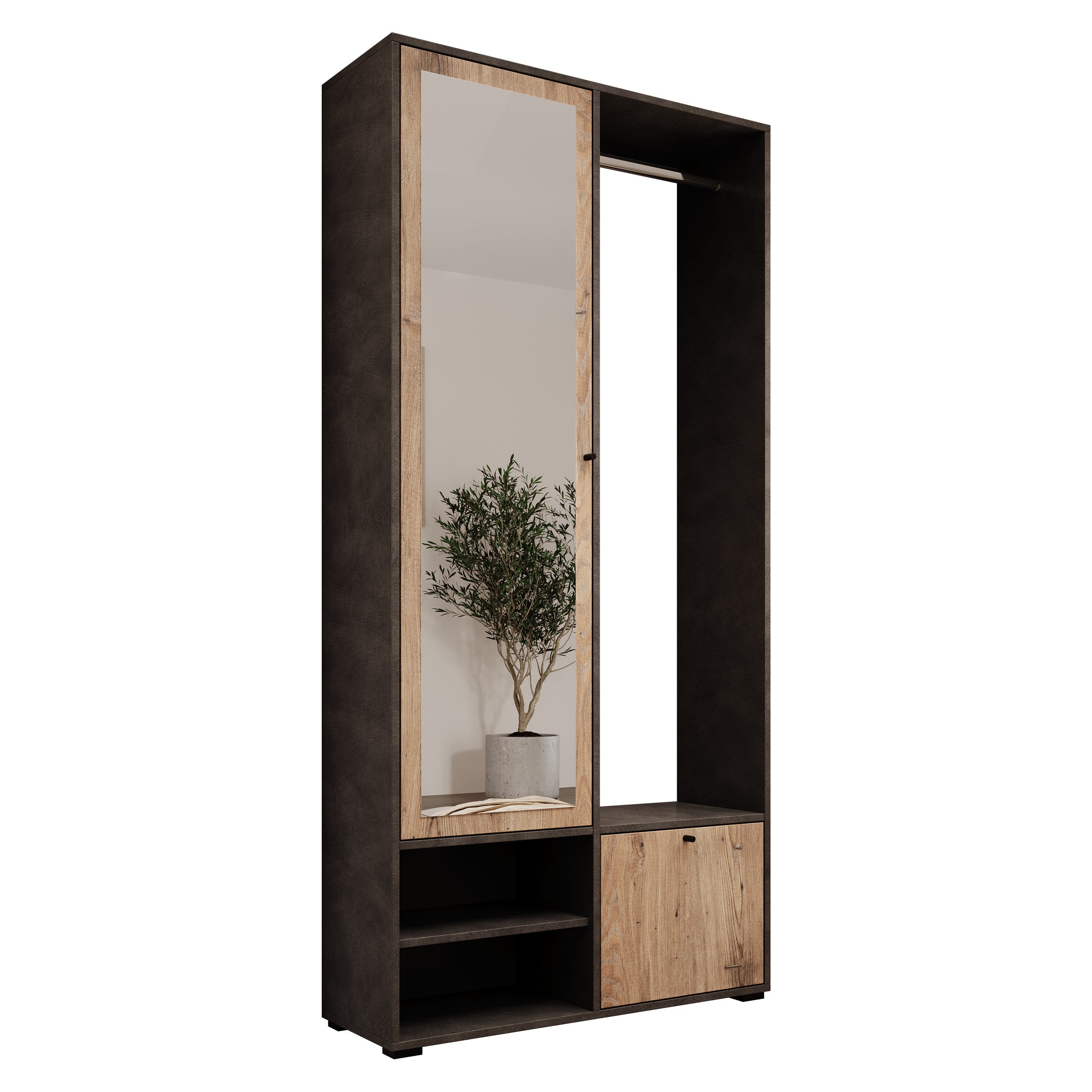 Deacon - Halkast met 2 deuren - Grijs/Eiken - 90x33x190 cm