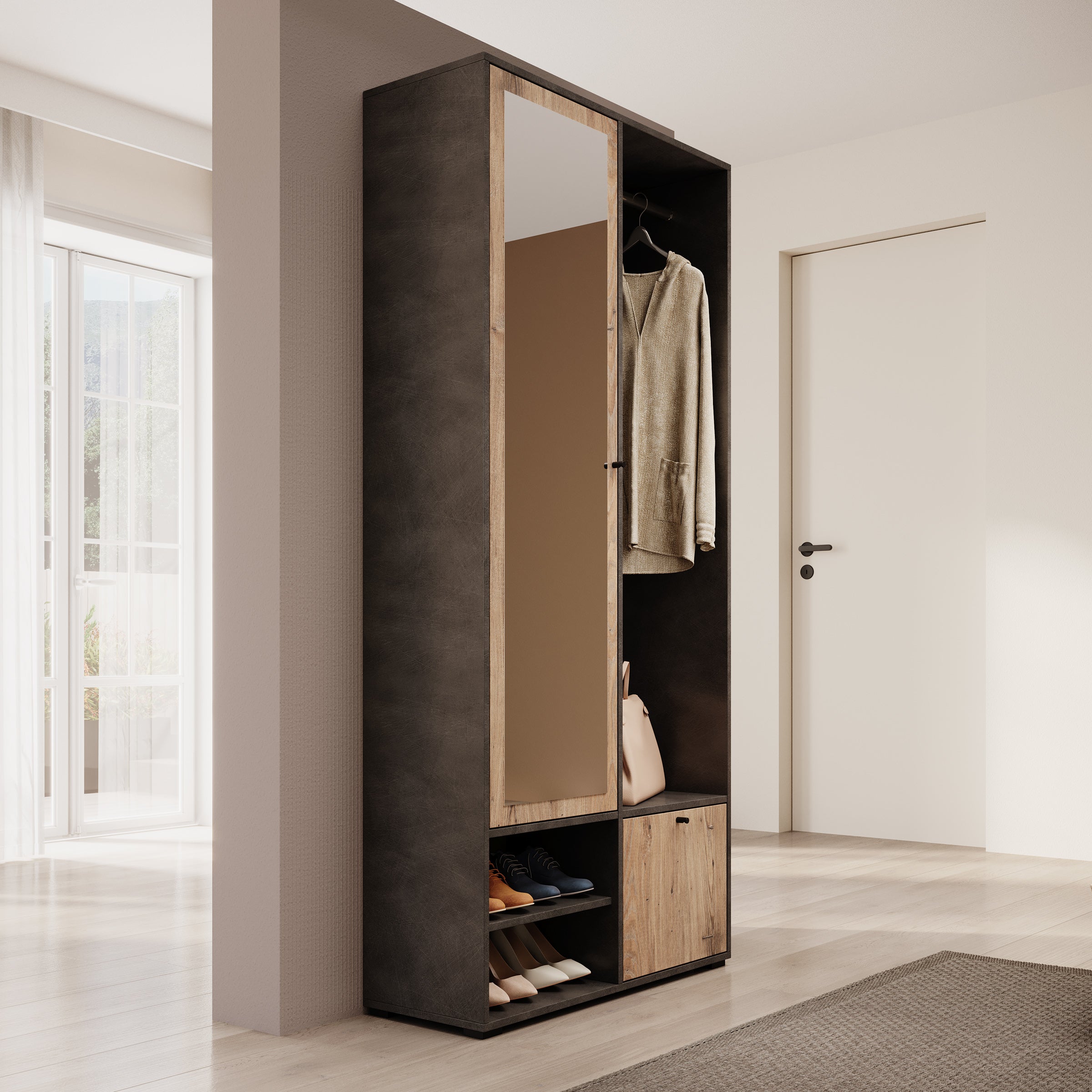 Deacon - Halkast met 2 deuren - Grijs/Eiken - 90x33x190 cm