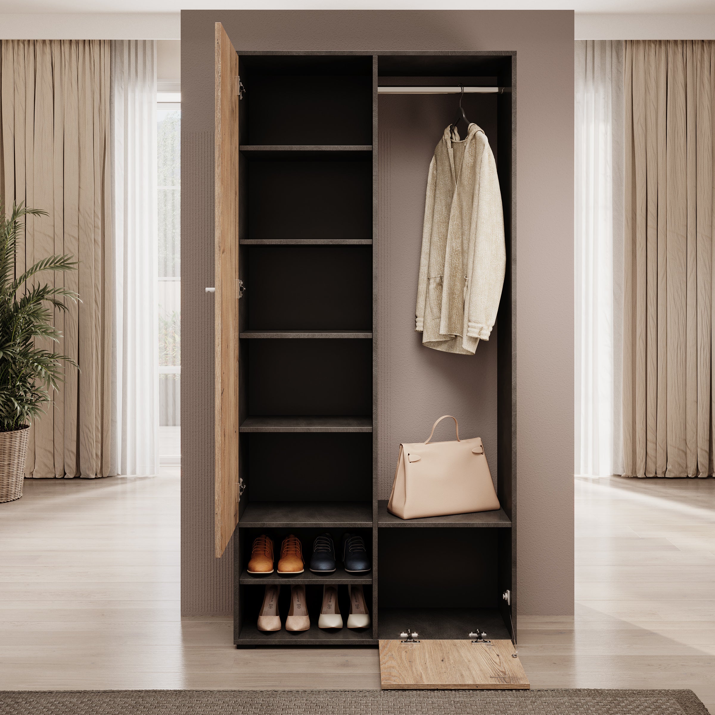 Deacon - Halkast met 2 deuren - Grijs/Eiken - 90x33x190 cm