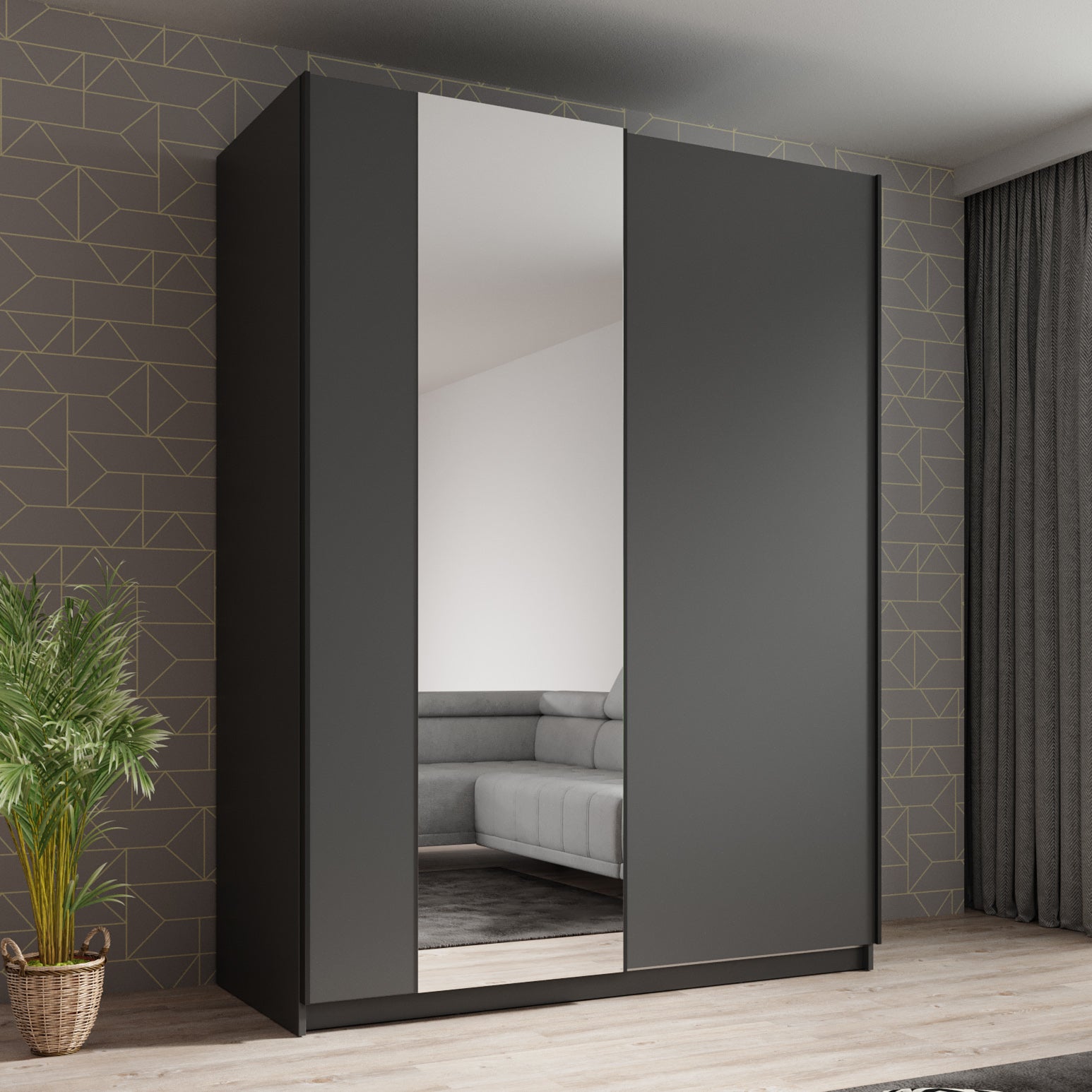 Ganaro - Kledingkast met spiegel - Grijs - 150x62x198 cm