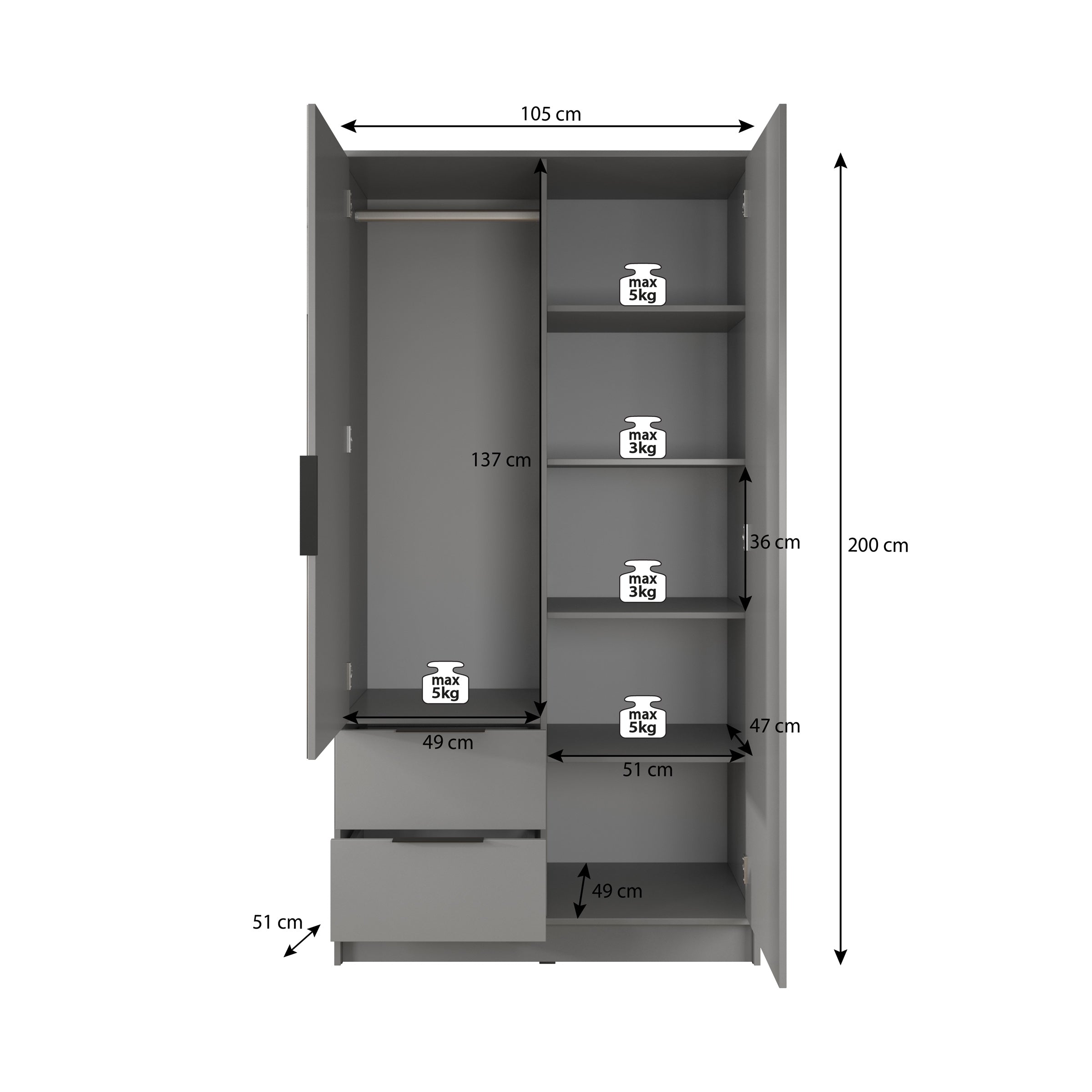 Nairobi - Kledingkast 2-deurs - Antraciet/eiken  - 105x51x200 cm