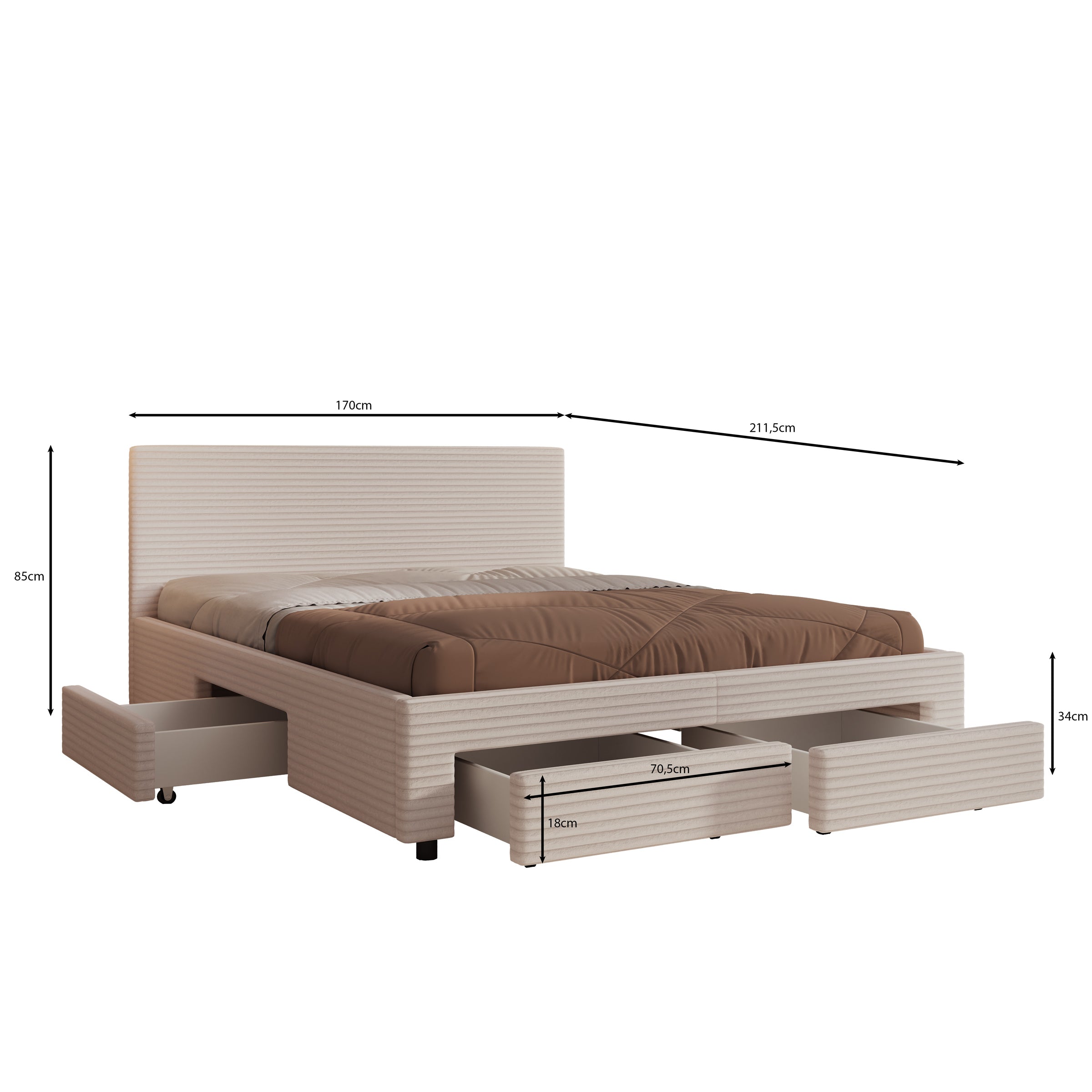 Suente - Tweepersoonsbed met 4 lades - Ribstof beige - 160x200 cm