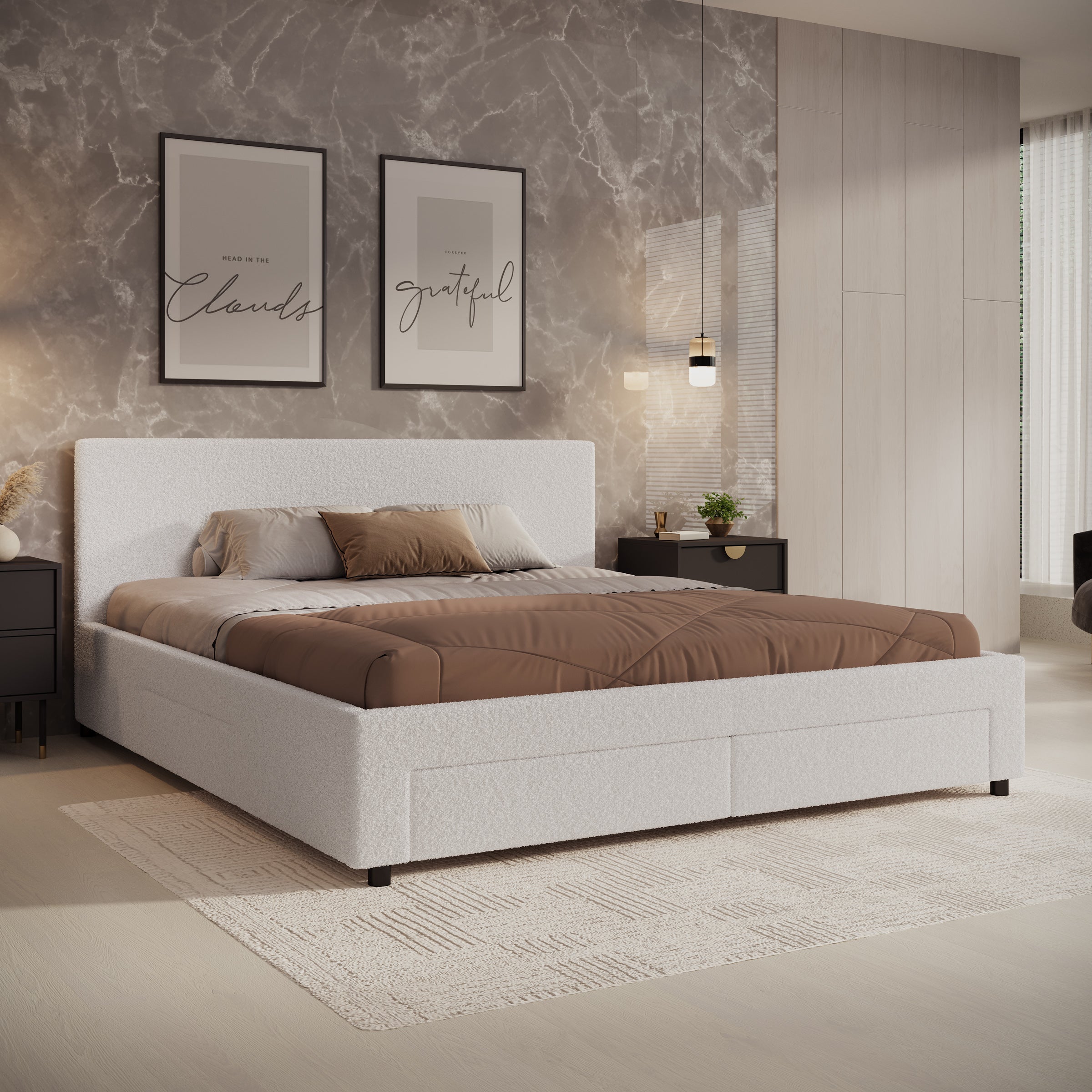 Suente - Tweepersoonsbed met 4 lades - Teddystof Wit - 180x200 cm