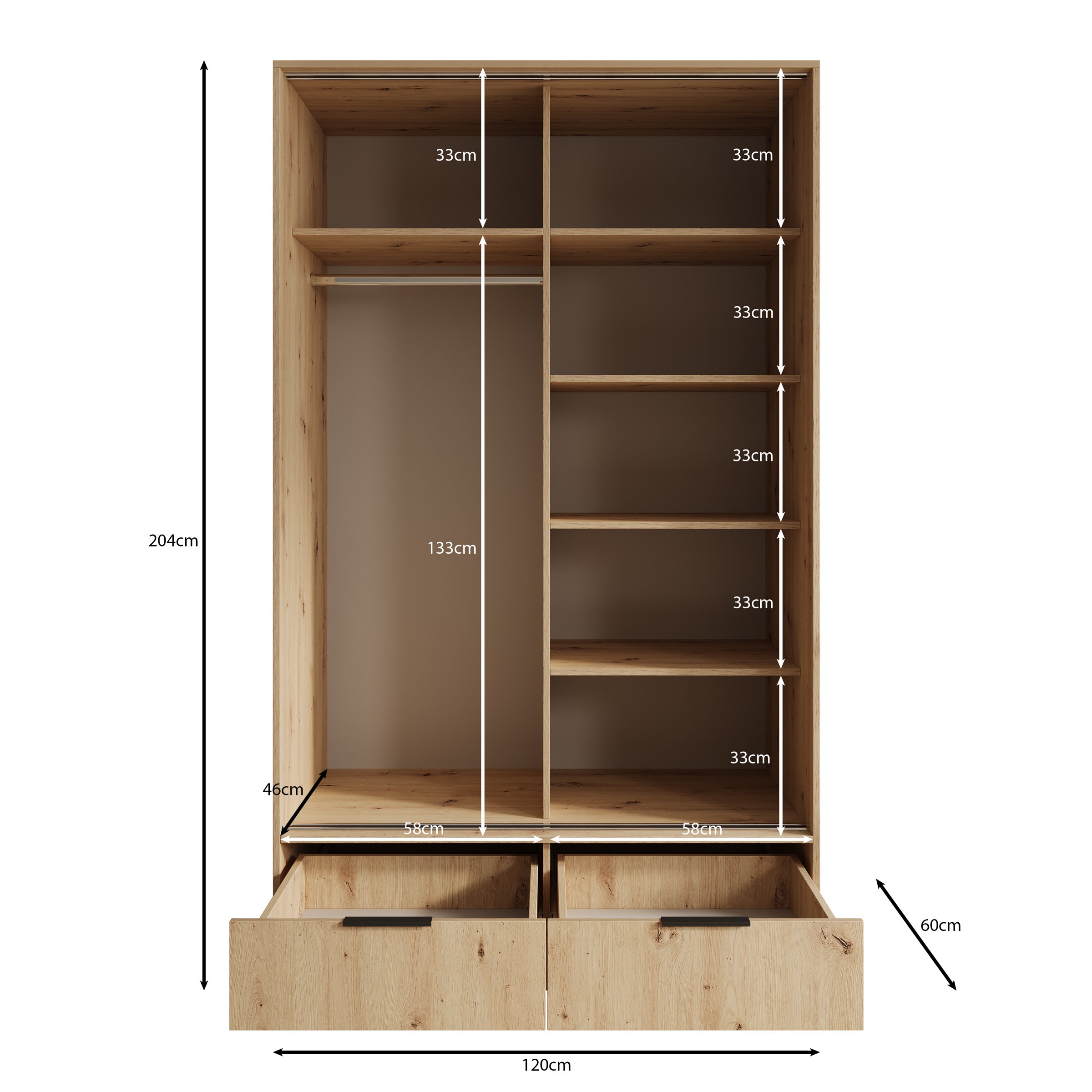 Venn - Kledingkast met schuifdeuren - Eiken - 120x60x204 cm