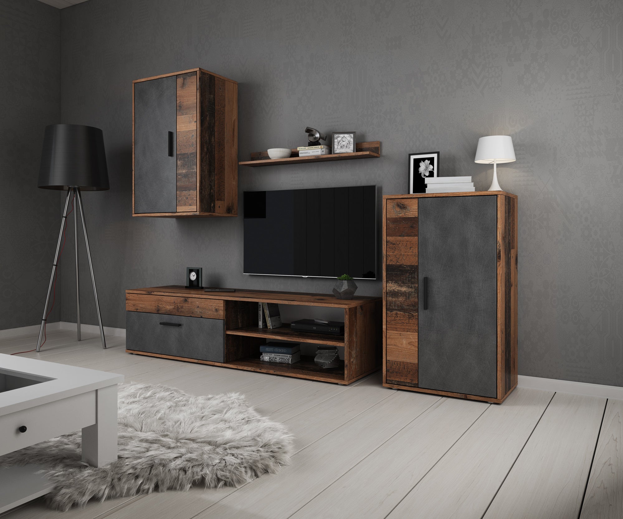 Bellini - Wandmeubel - Grijs/donker old wood - 140x35x39 cm