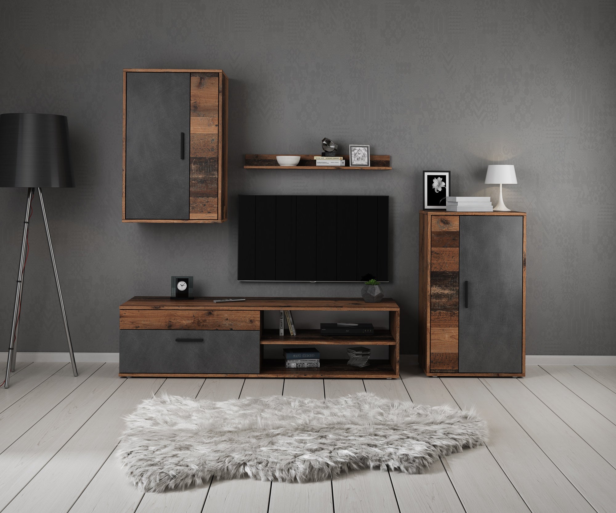 Bellini - Wandmeubel - Grijs/donker old wood - 140x35x39 cm