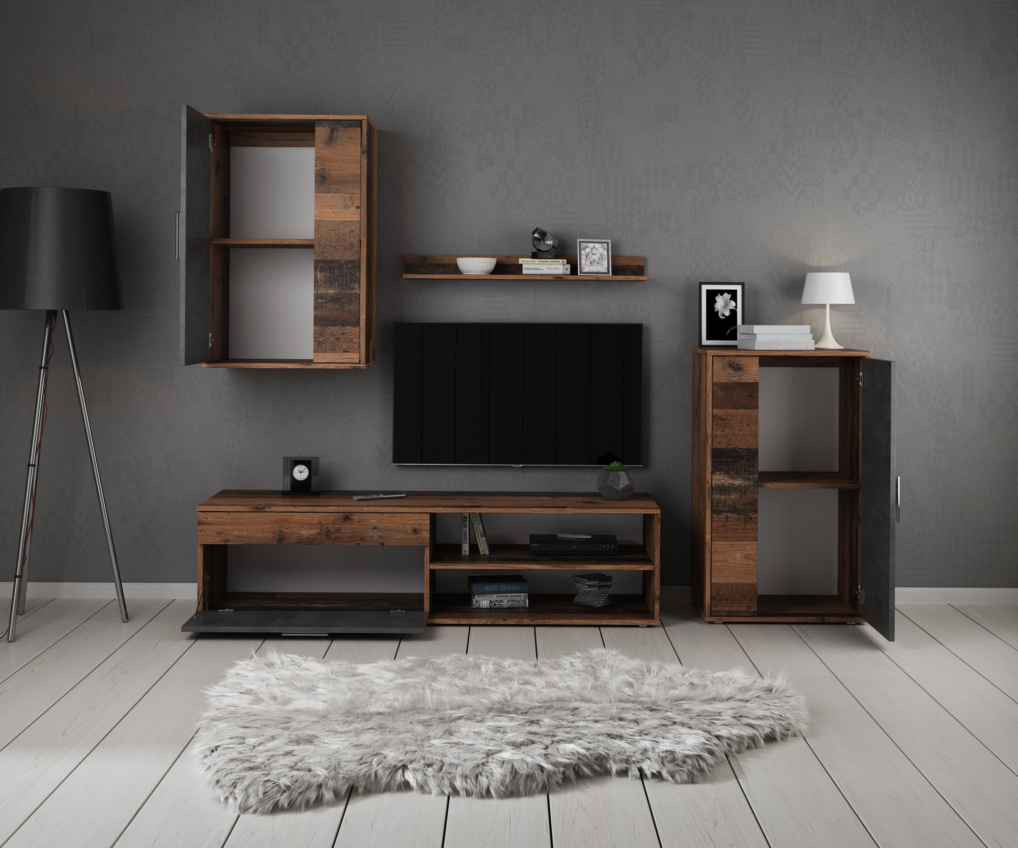 Bellini - Wandmeubel - Grijs/donker old wood - 140x35x39 cm