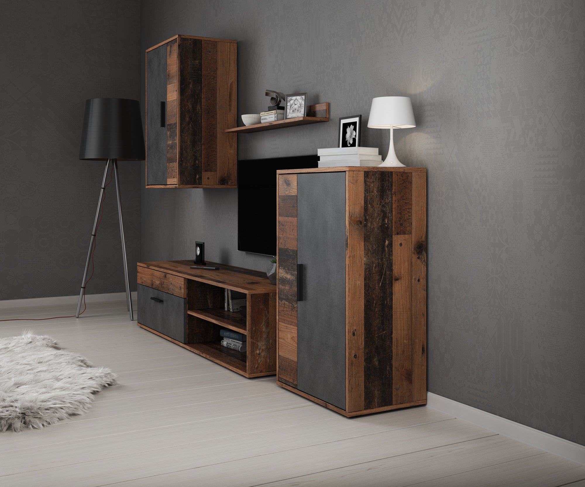 Bellini - Wandmeubel - Grijs/donker old wood - 140x35x39 cm