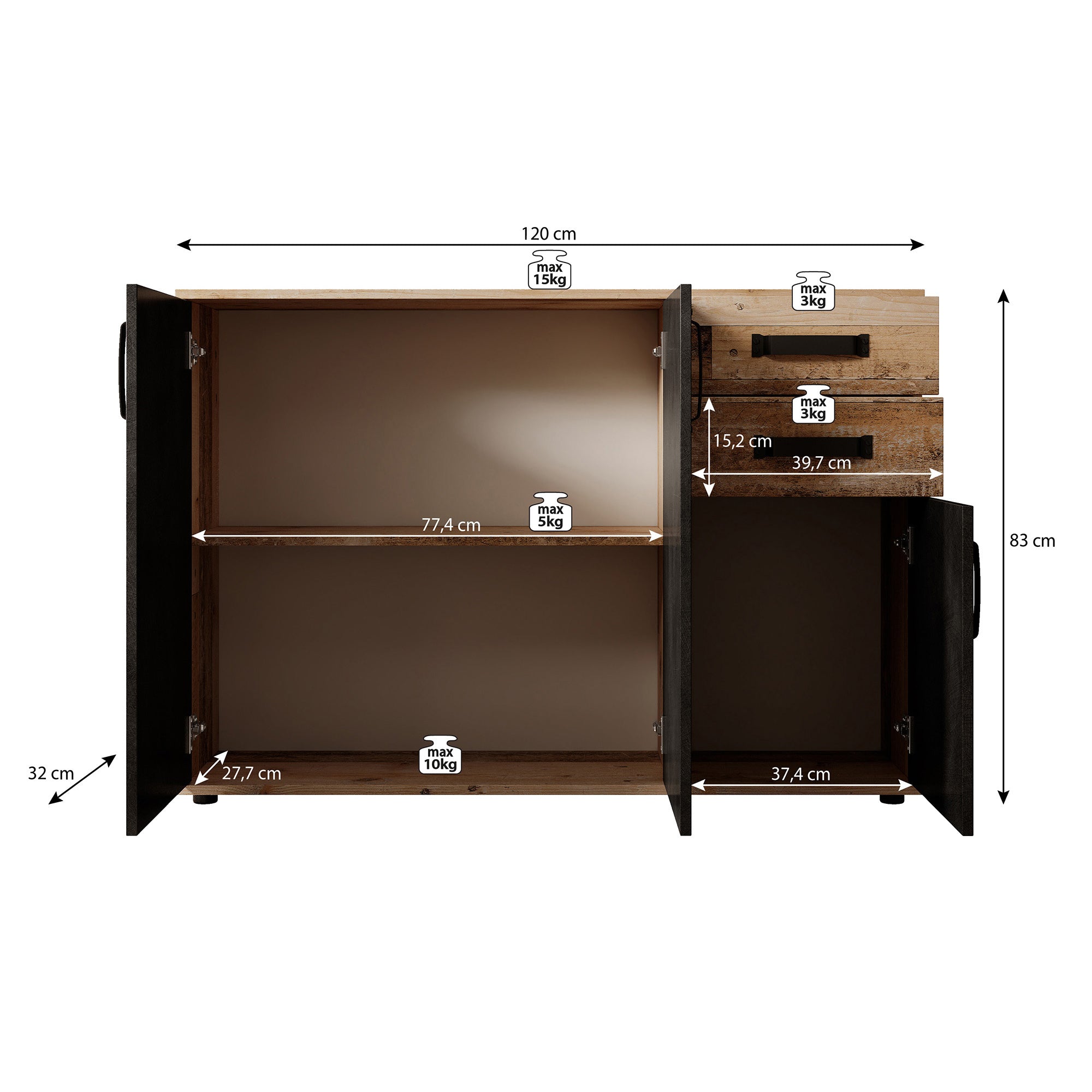 Montreal 2 - Dressoir - Grijs - Old wood - 120x32x83 cm