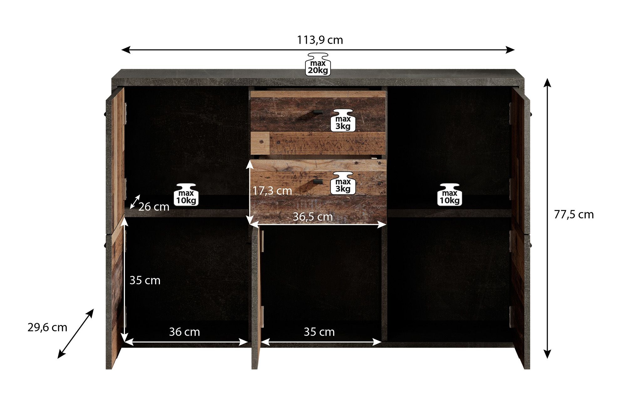 Sahara 4 - Dressoir - Old wood/grijs - 114x30x77 cm