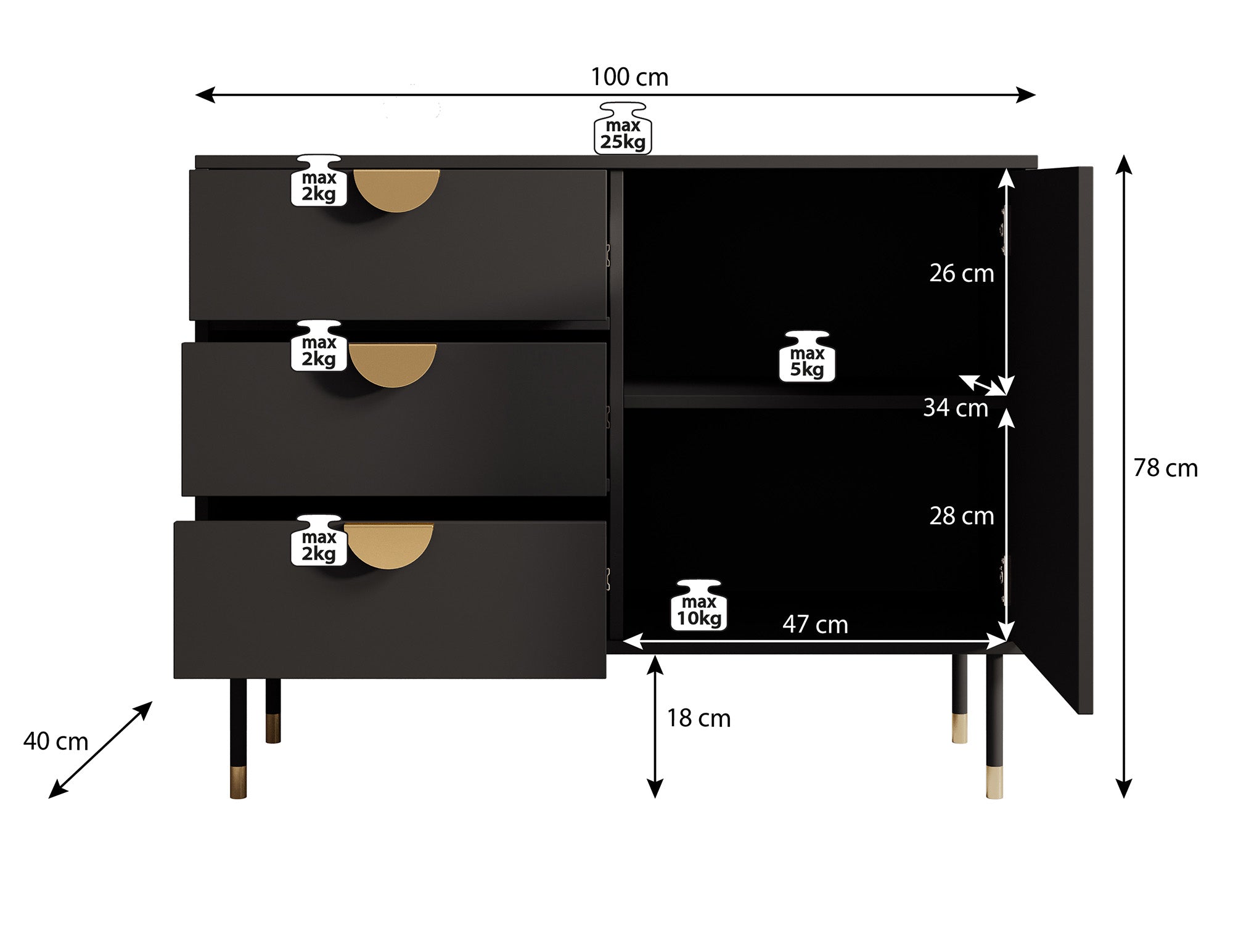 Veerle - Dressoir - Zwart - 100x40x78 cm