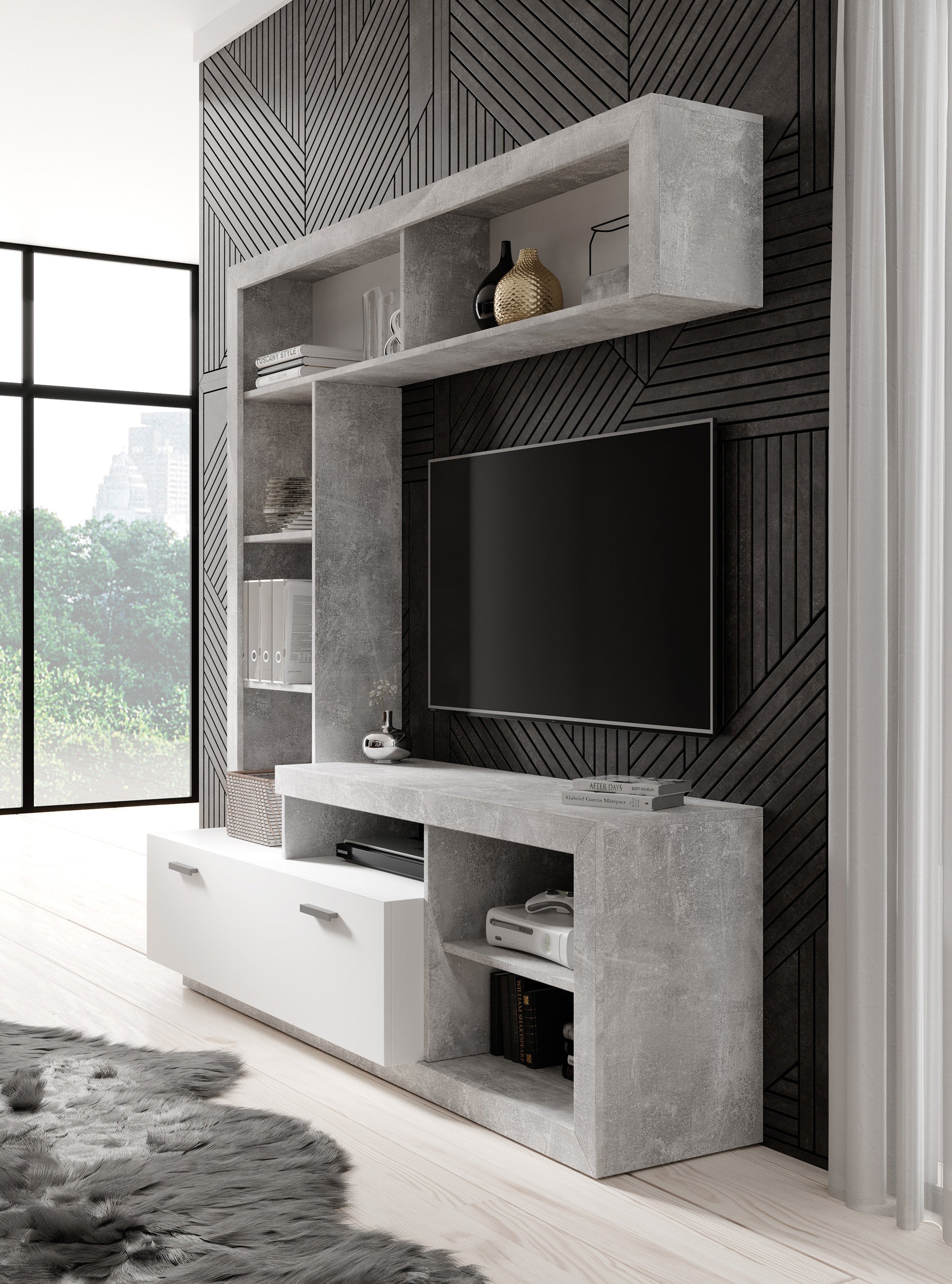 Gladys - Wandmeubel - Betonlook/wit - 170x42x171 cm