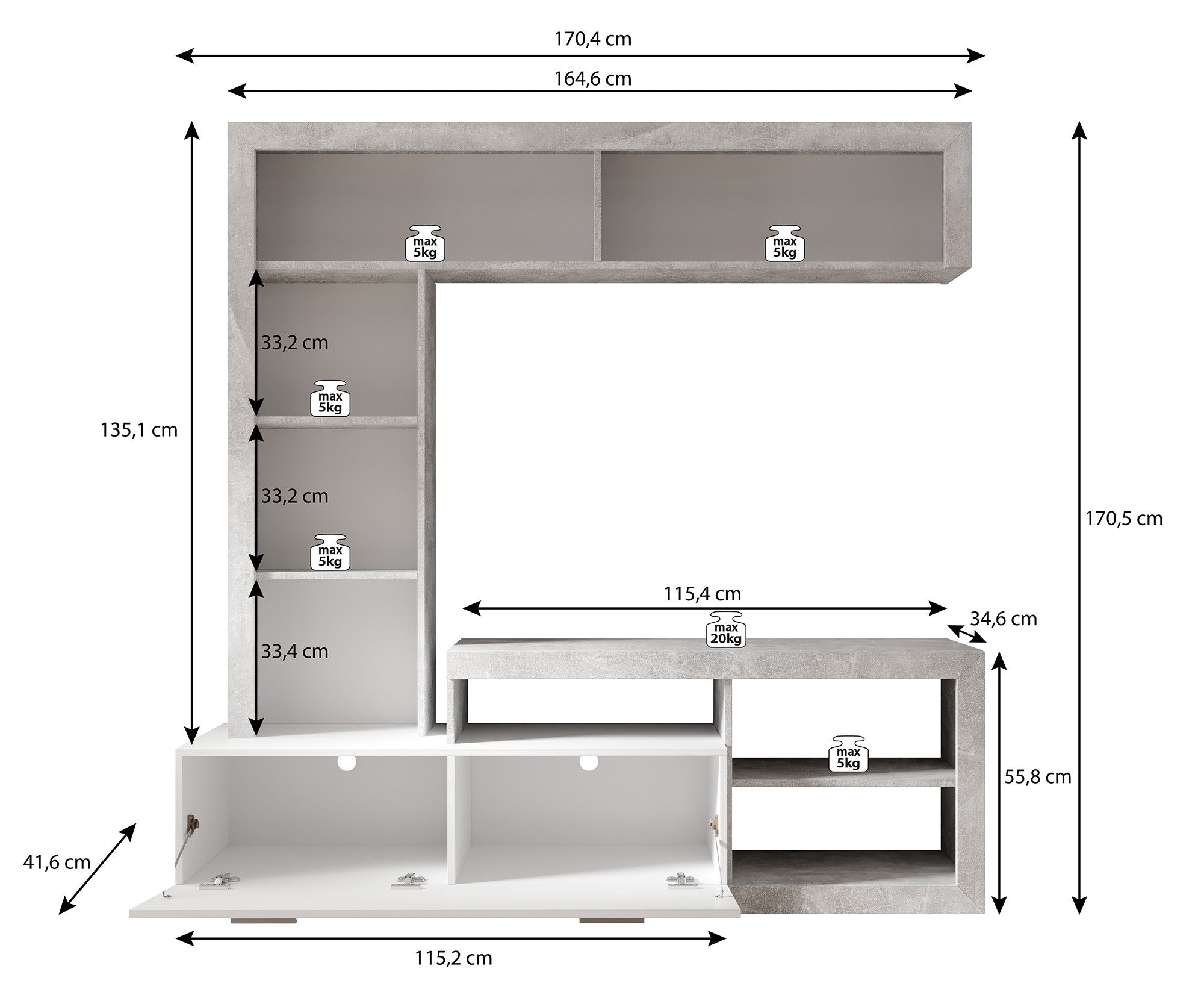 Gladys - Wandmeubel - Betonlook/wit - 170x42x171 cm