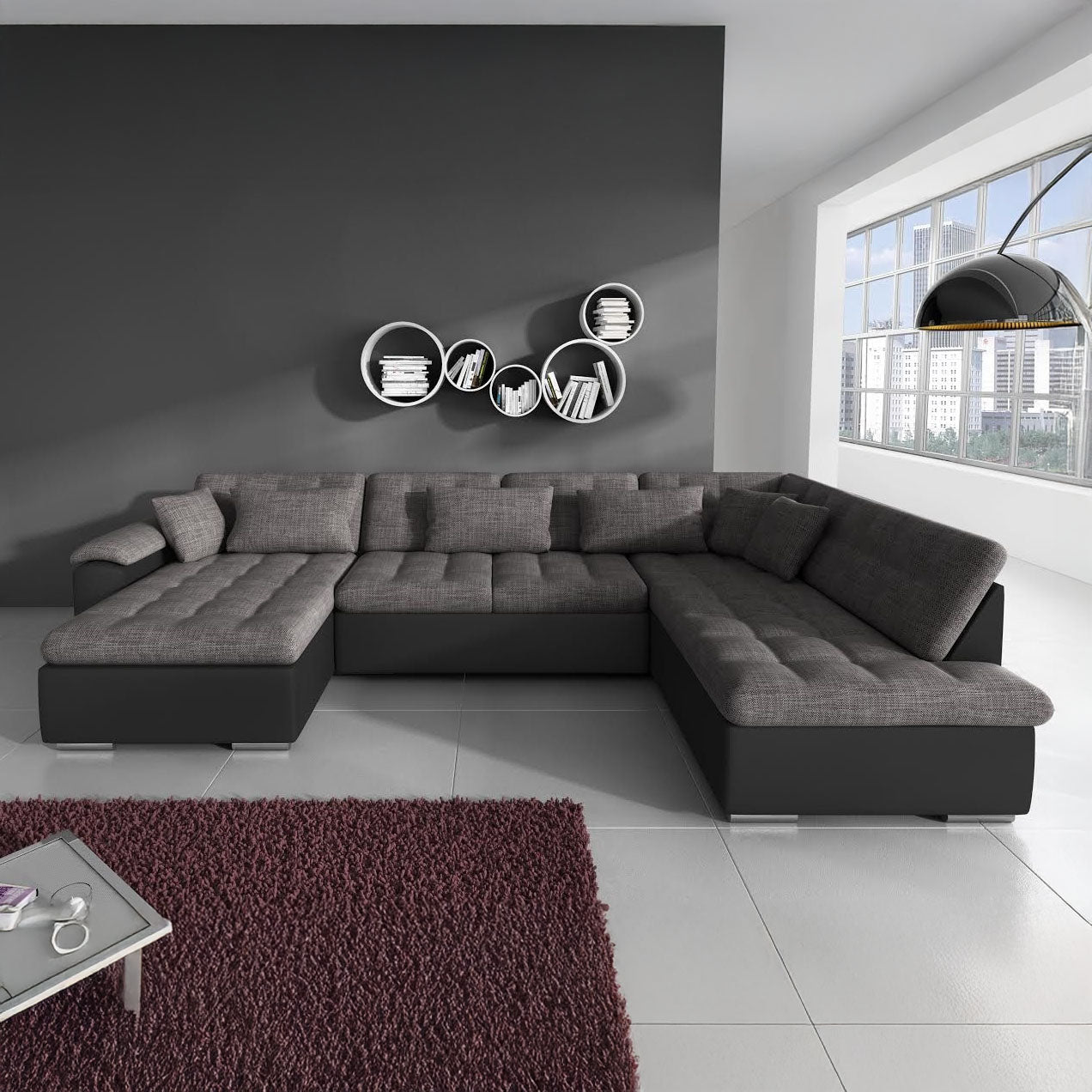 Nicoreta - Hoekbank 5-zits met chaise longue - Stof antraciet - Links