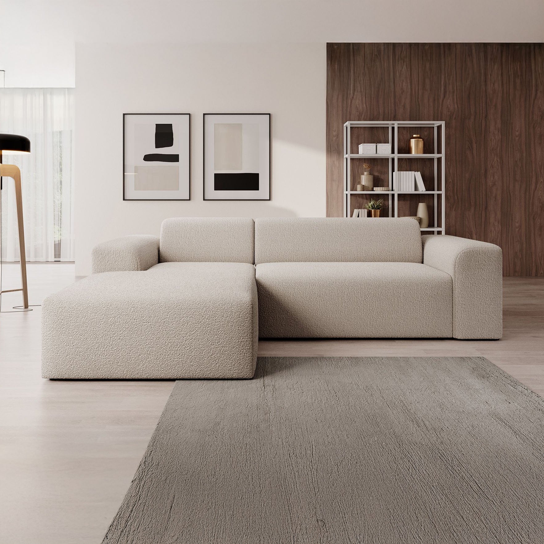 Zamzi - Hoekbank 3-zits met chaise longue - Teddystof beige - Links