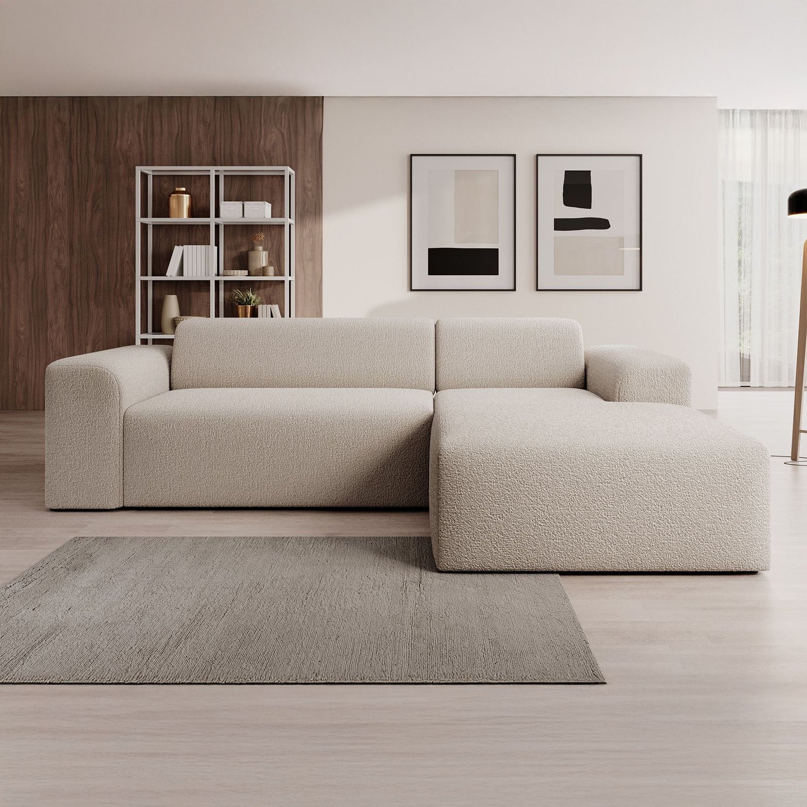 Zamzi - Hoekbank 3-zits met chaise longue - Teddystof beige - Rechts