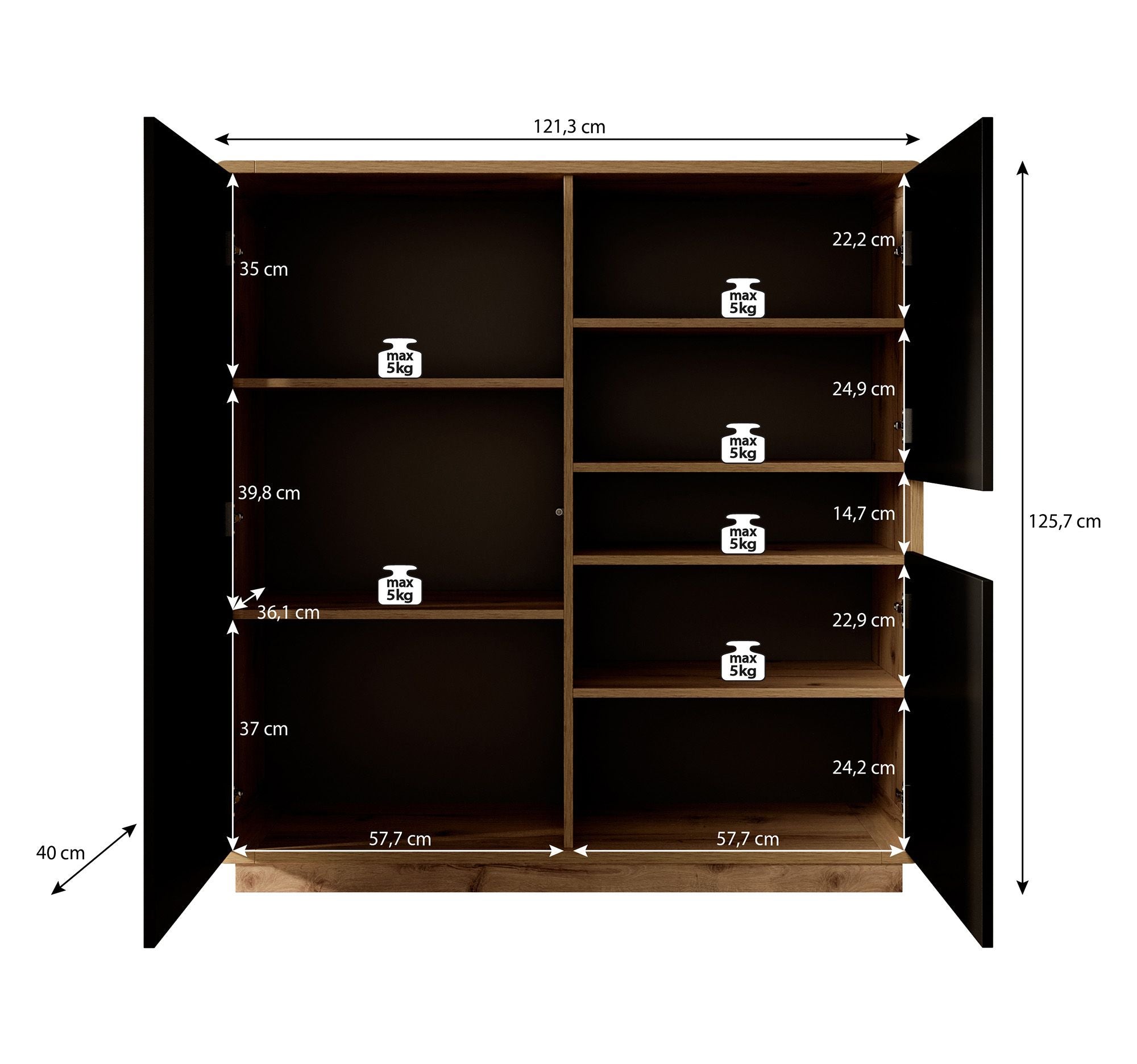 Acuna - Opbergkast met 3 deuren - Zwart/eiken - 121x40x126 cm