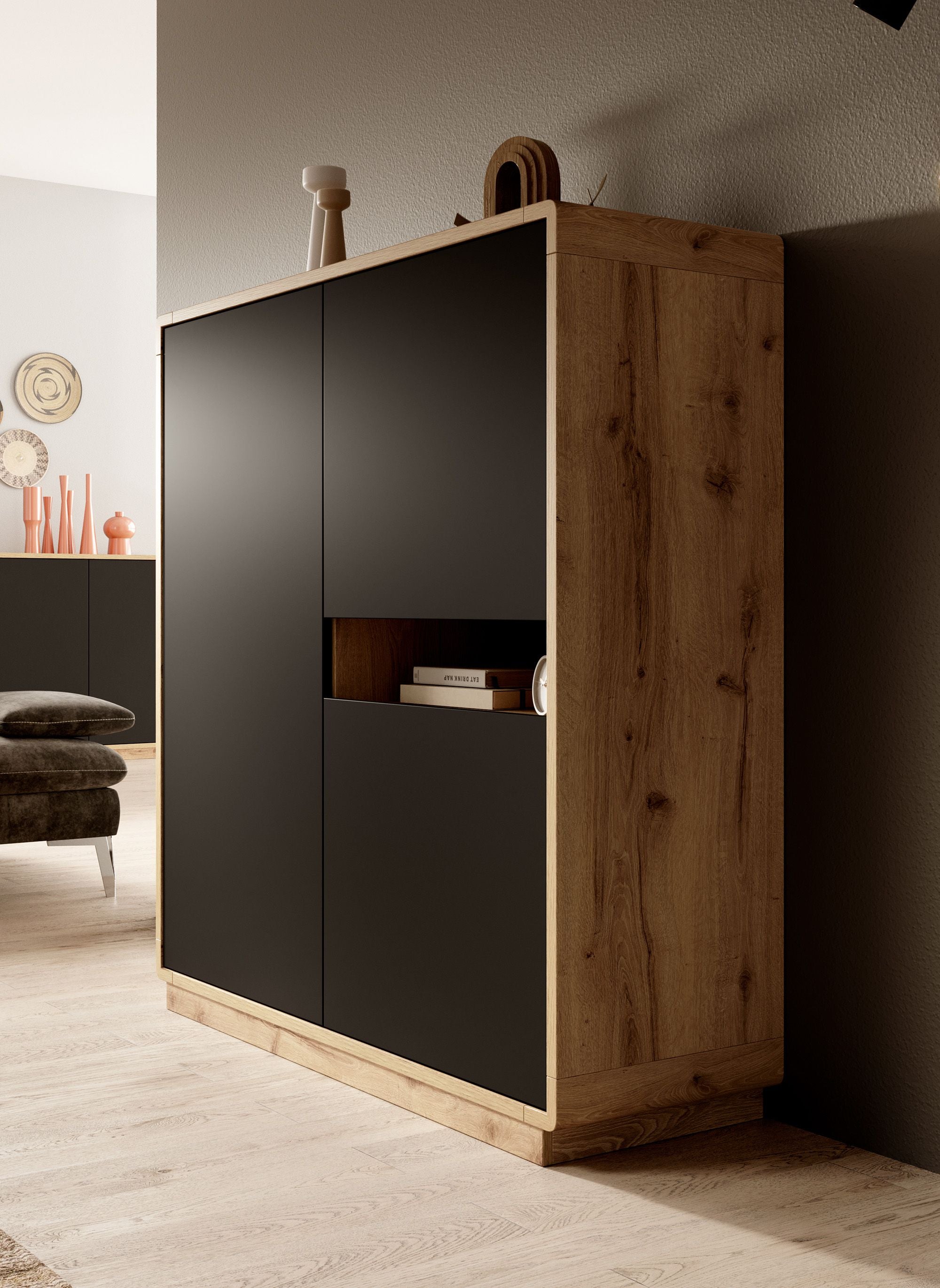 Acuna - Opbergkast met 3 deuren - Zwart/eiken - 121x40x126 cm