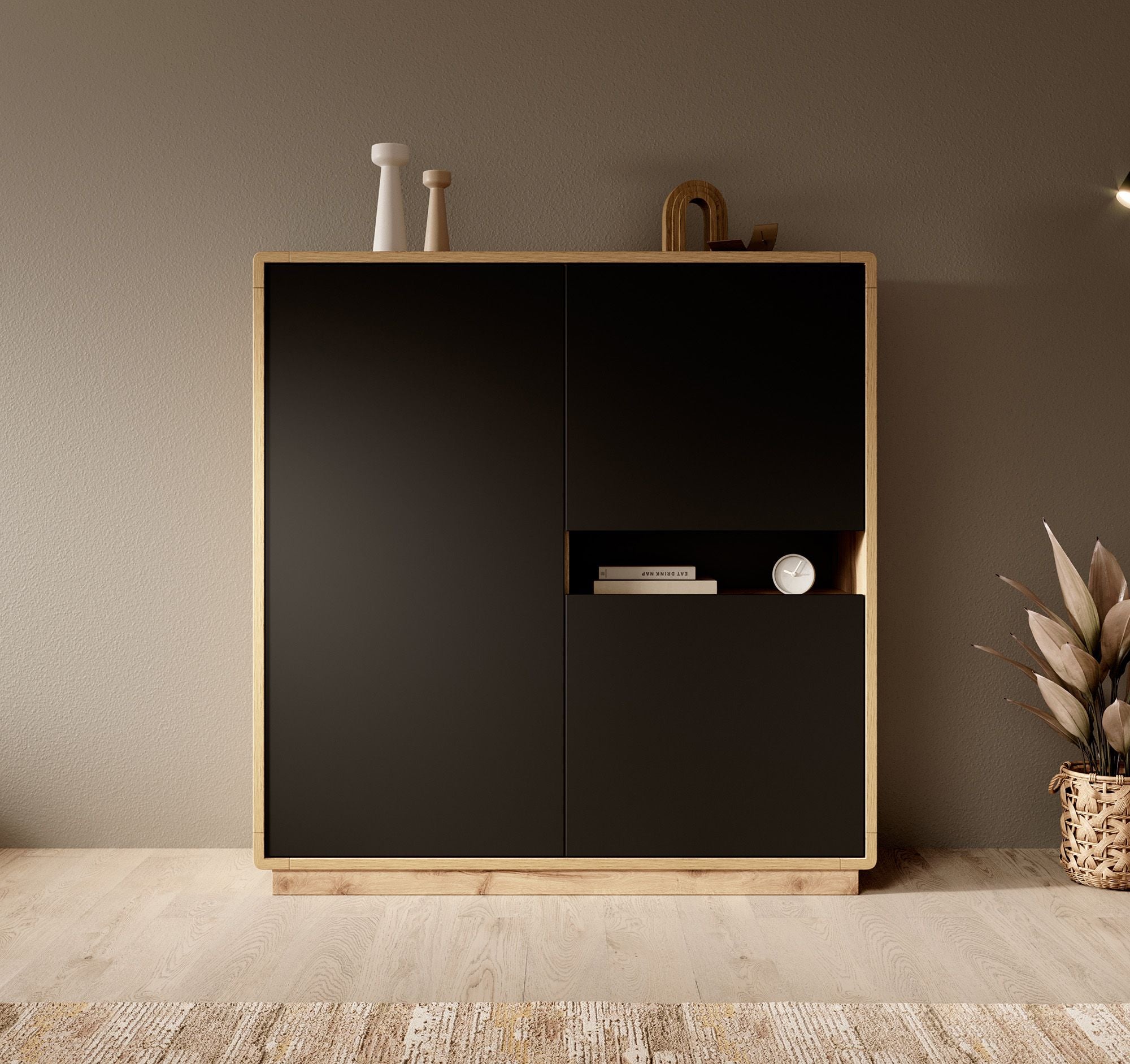 Acuna - Opbergkast met 3 deuren - Zwart/eiken - 121x40x126 cm