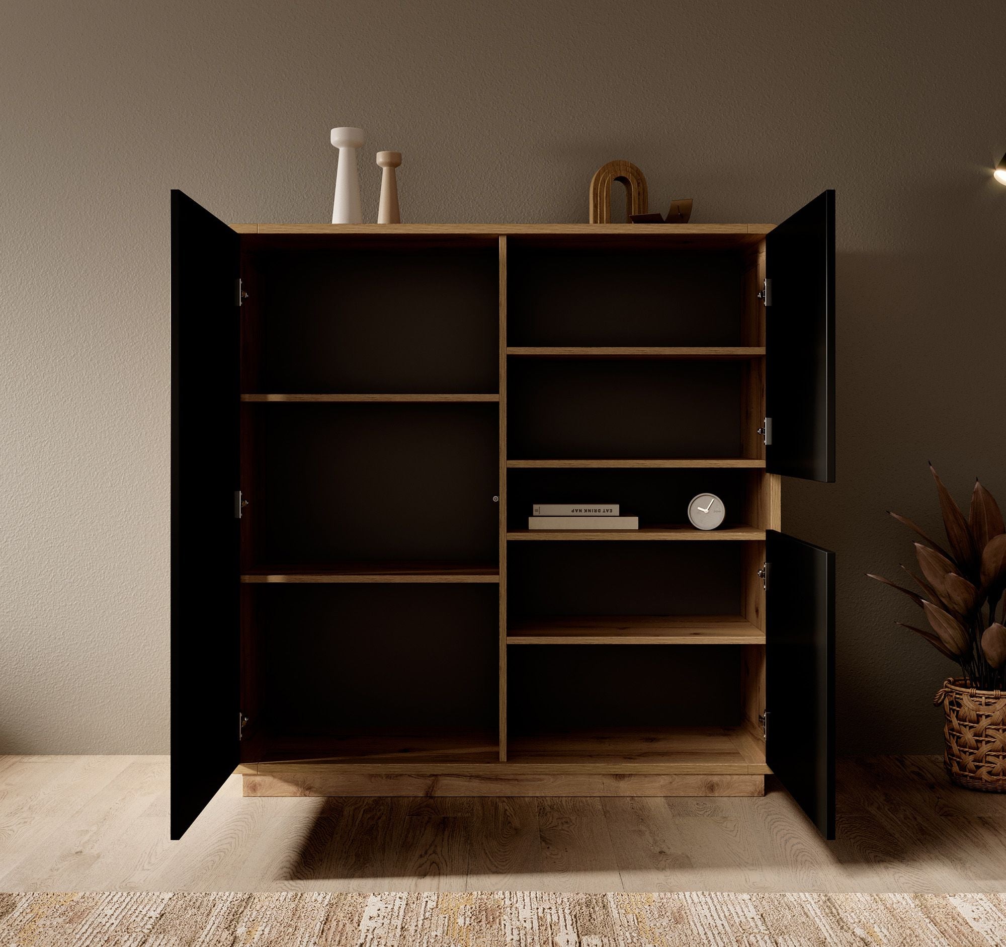 Acuna - Opbergkast met 3 deuren - Zwart/eiken - 121x40x126 cm