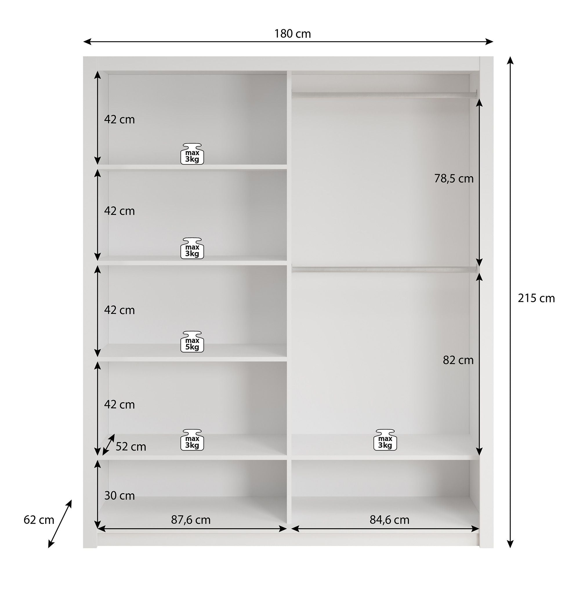 Blake - Kledingkast met schuifdeuren - Wit - 180x62x215 cm
