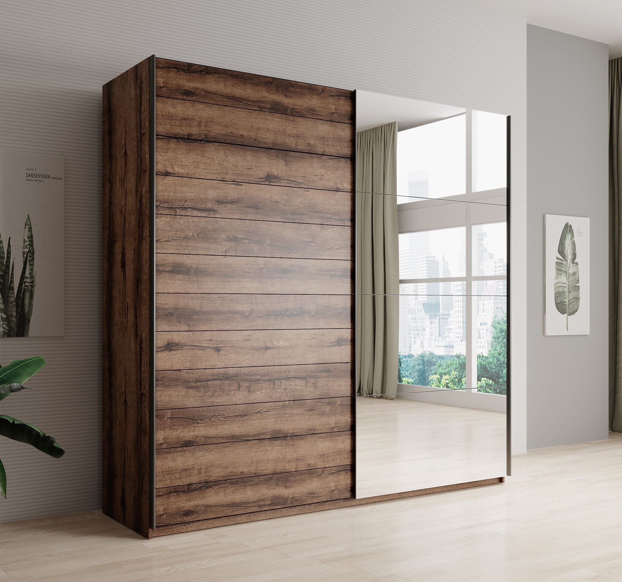 Brown - Kledingkast met schuifdeuren - Eiken - 200x57x210 cm