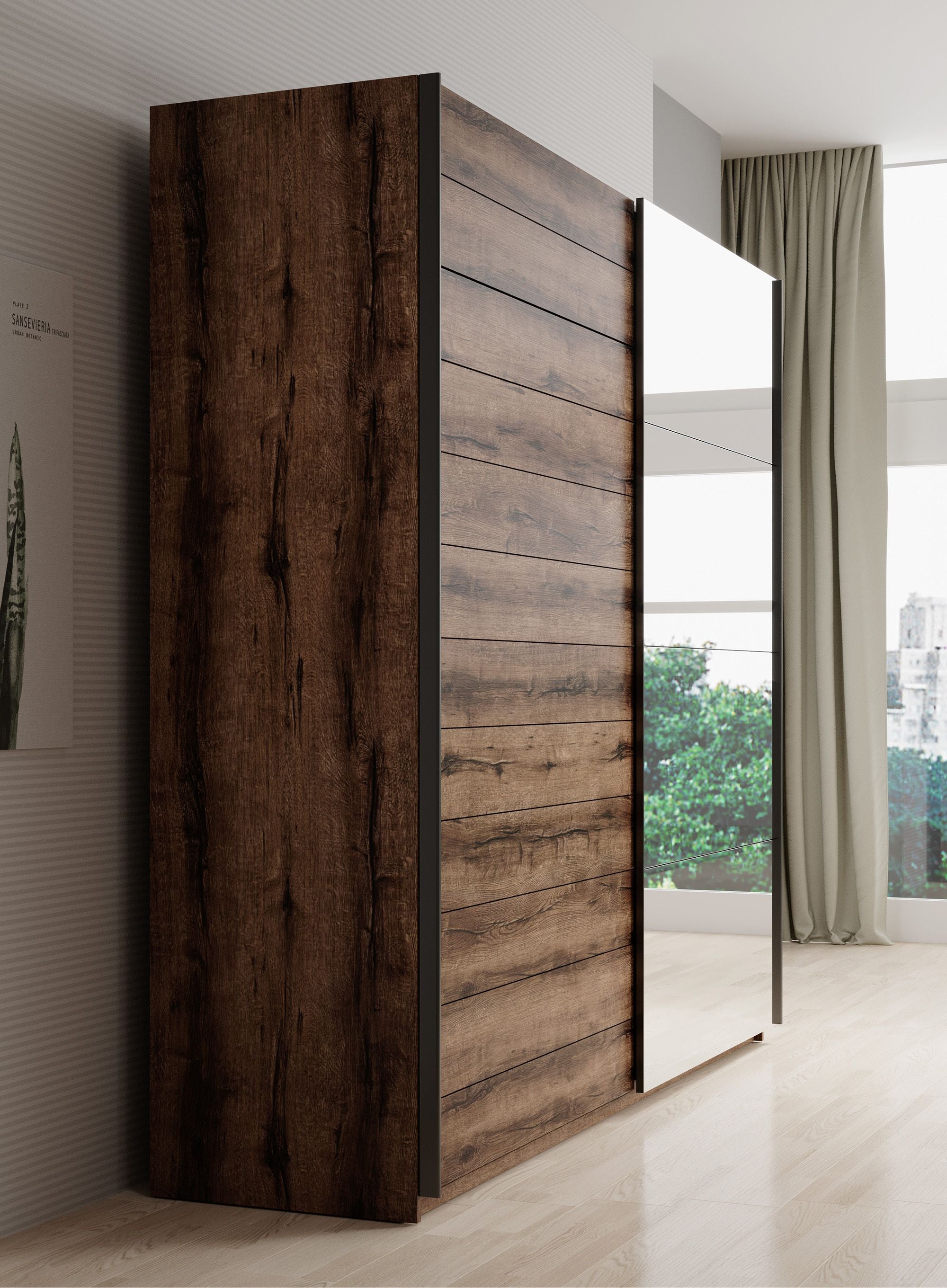 Brown - Kledingkast met schuifdeuren - Eiken - 200x57x210 cm