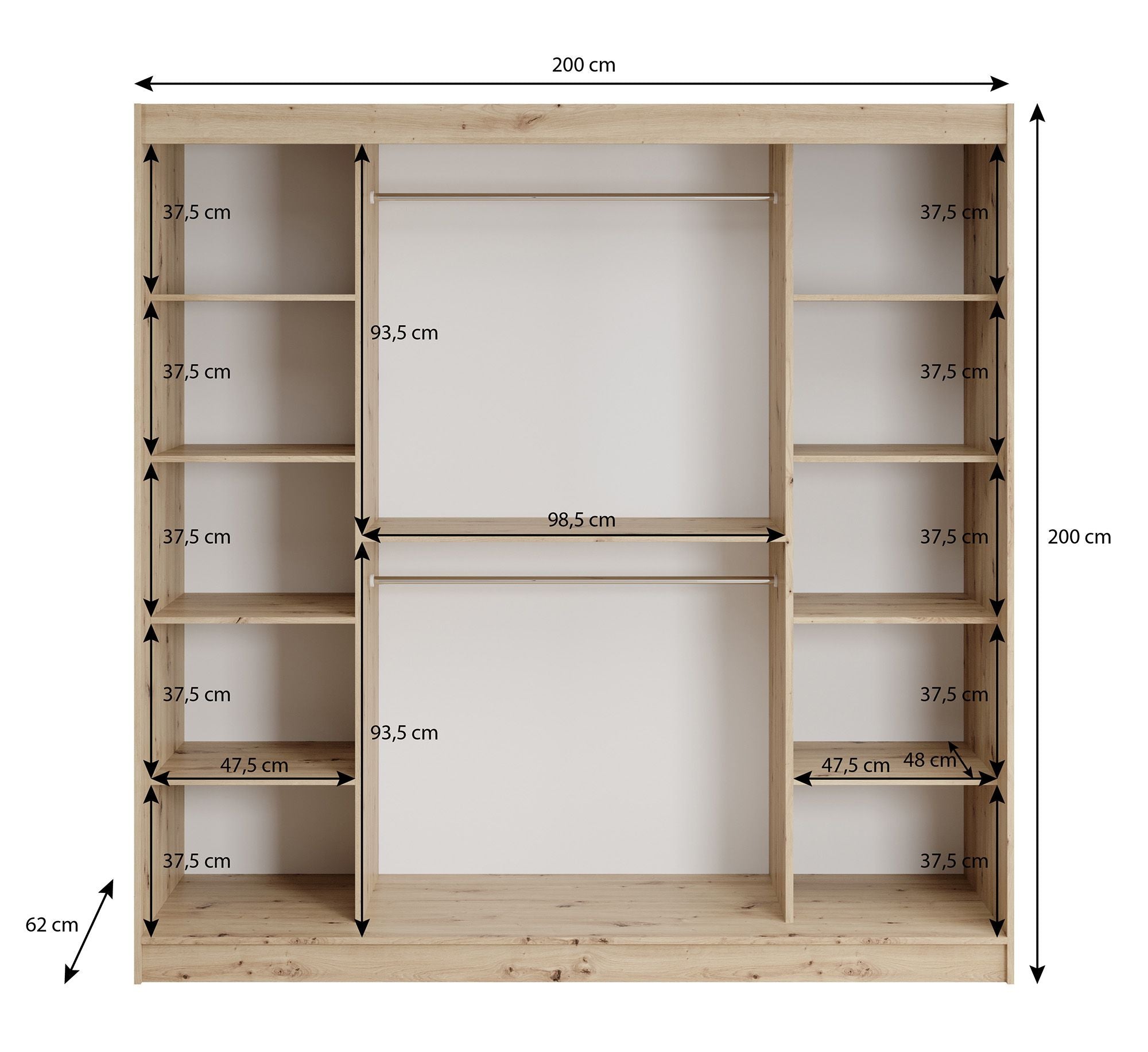 Lisbon 2 - Kledingkast met schuifdeuren - Eiken - 200x62x200 cm