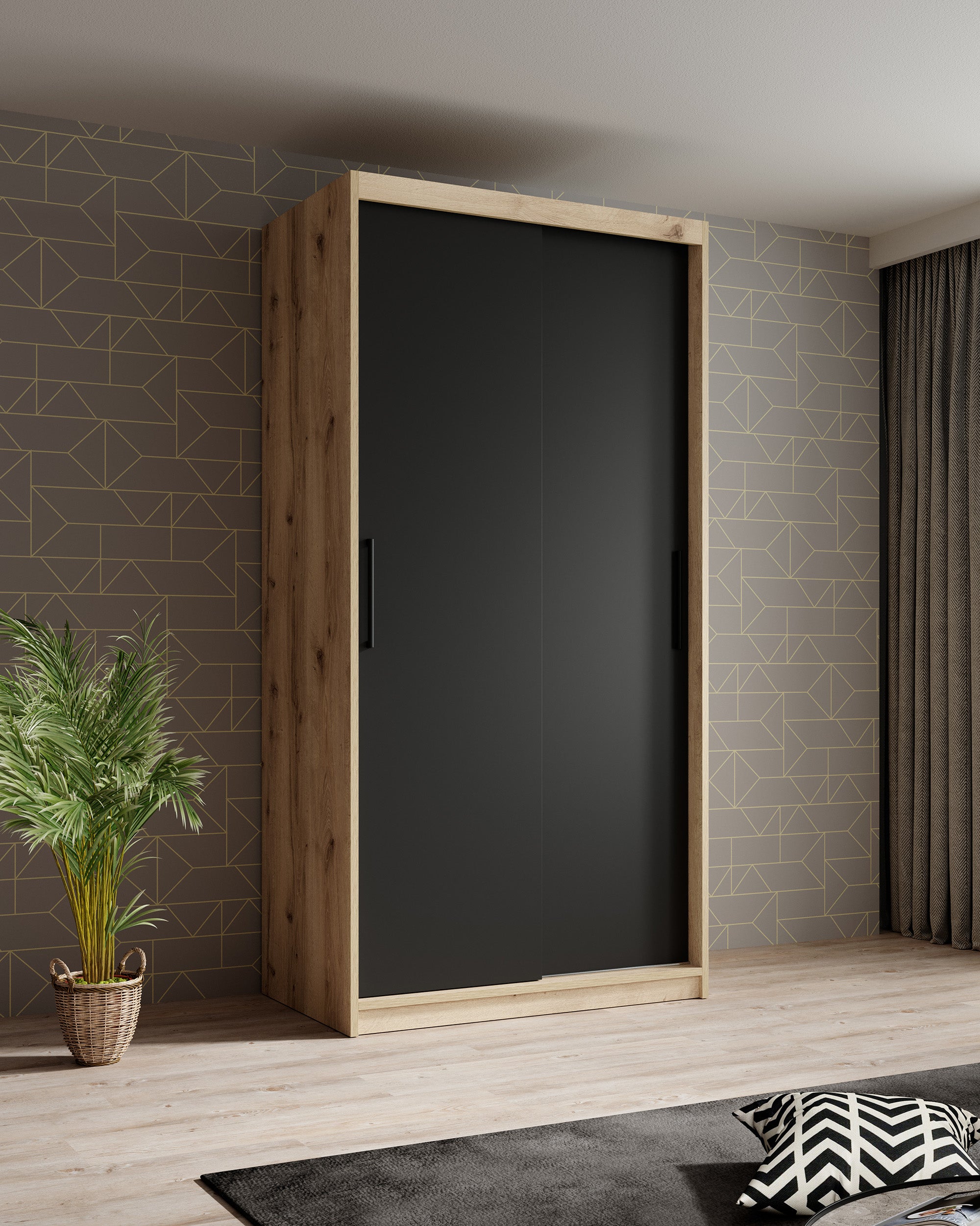 Luxor - Kledingkast met schuifdeuren - Zwart/eiken - 100x62x200 cm