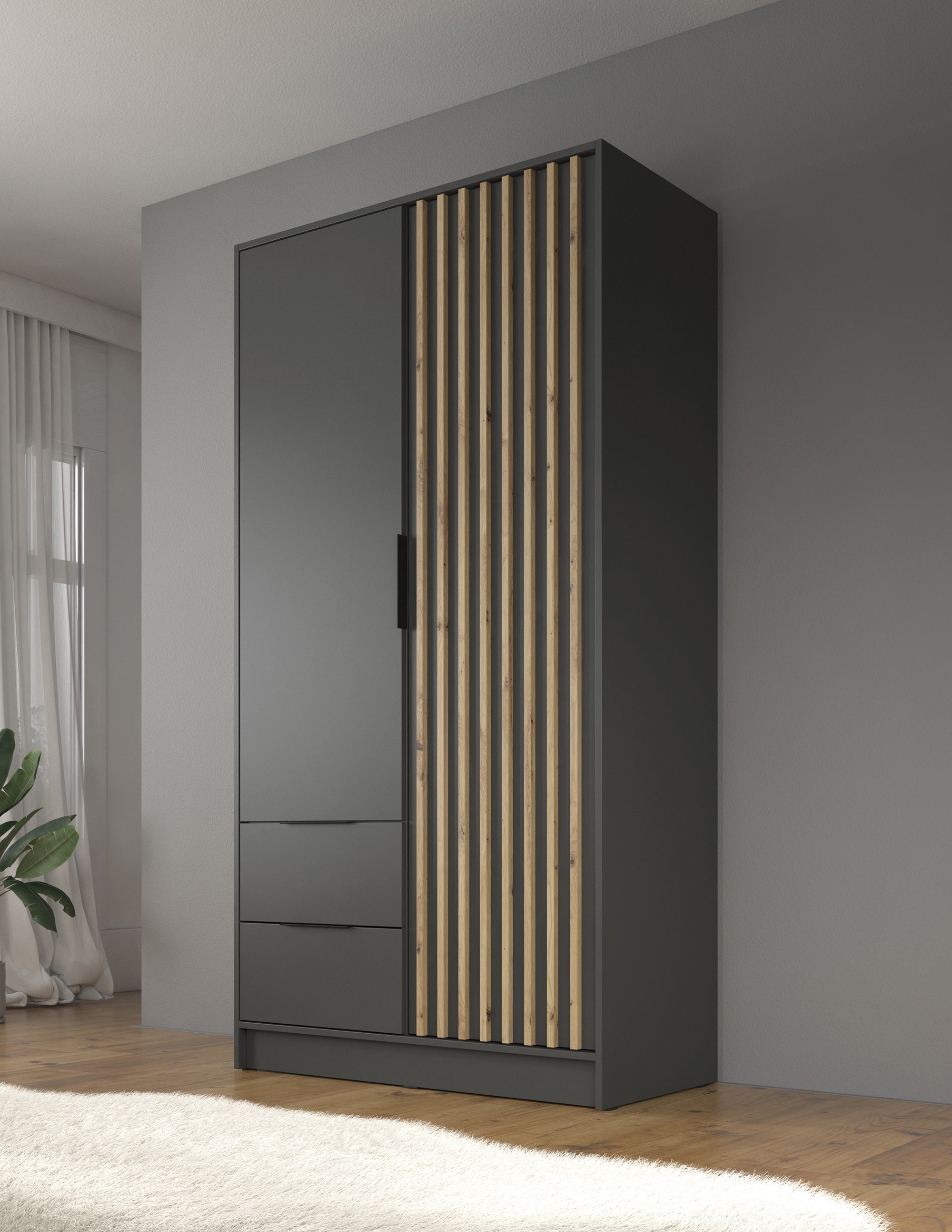 Nairobi - Kledingkast 2-deurs - Antraciet/eiken  - 105x51x200 cm