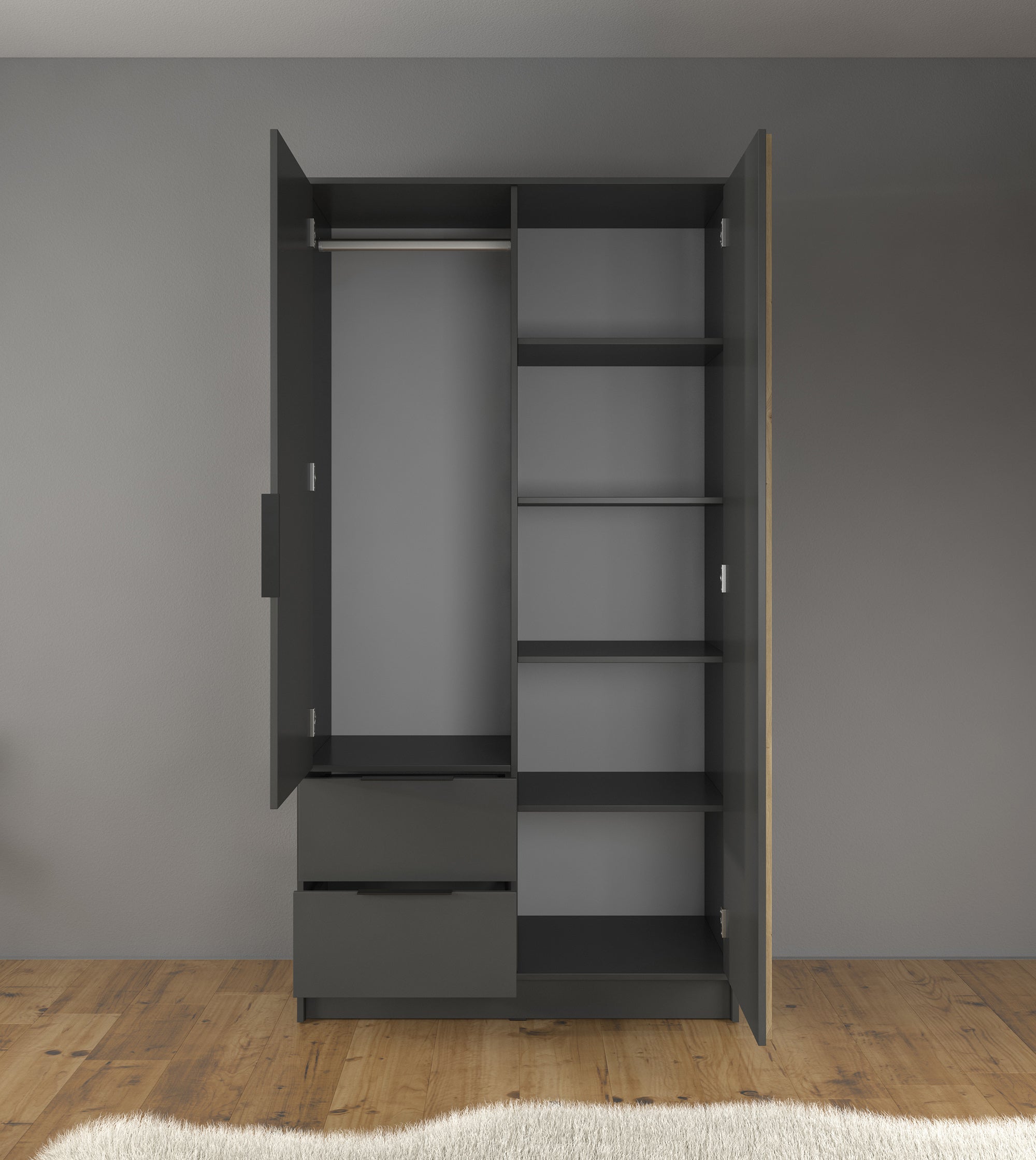 Nairobi - Kledingkast 2-deurs - Antraciet/eiken  - 105x51x200 cm