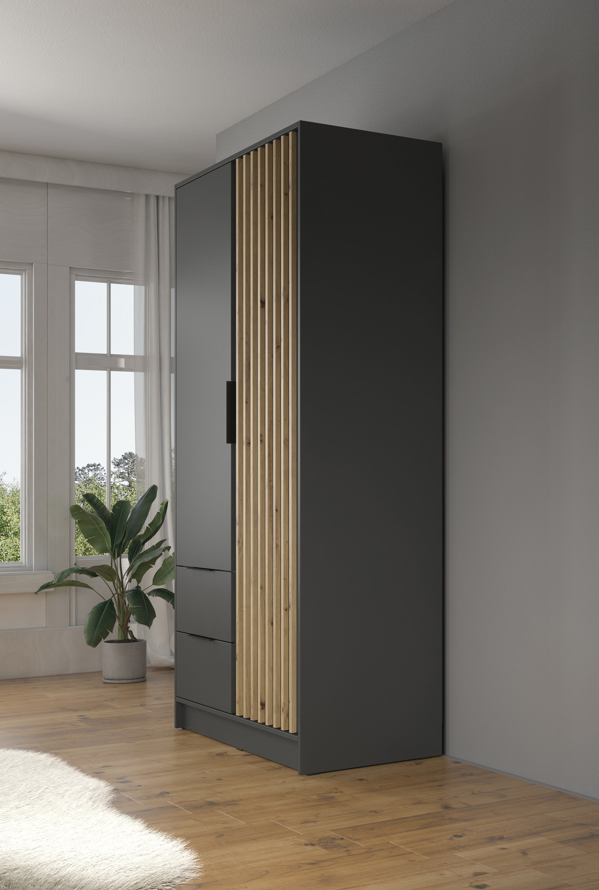 Nairobi - Kledingkast 2-deurs - Antraciet/eiken  - 105x51x200 cm