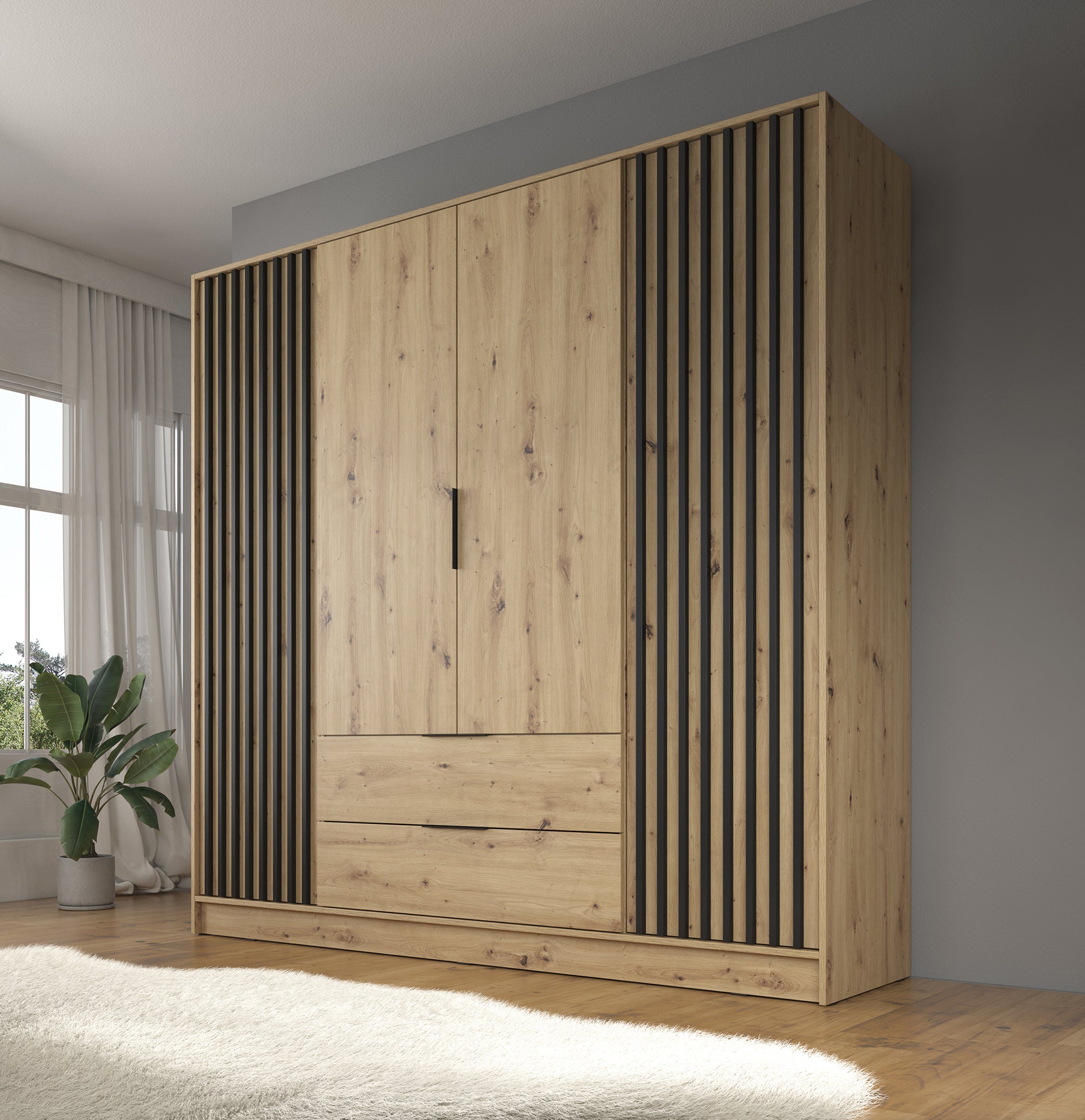 Nairobi - Kledingkast 4-deurs - Eiken/zwart  - 206x51x200 cm