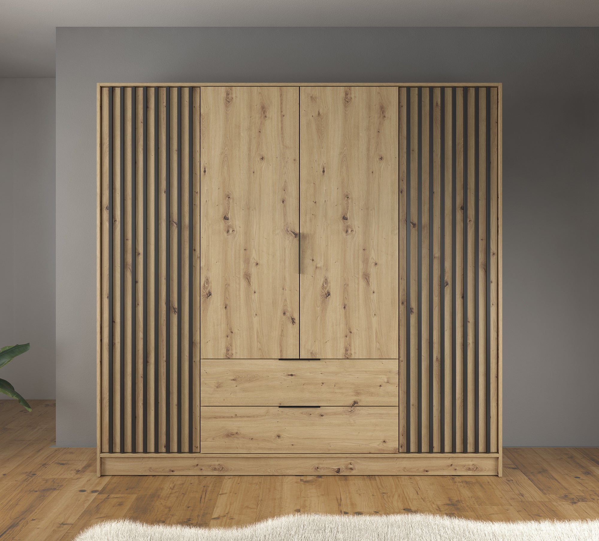 Nairobi - Kledingkast 4-deurs - Eiken/zwart  - 206x51x200 cm