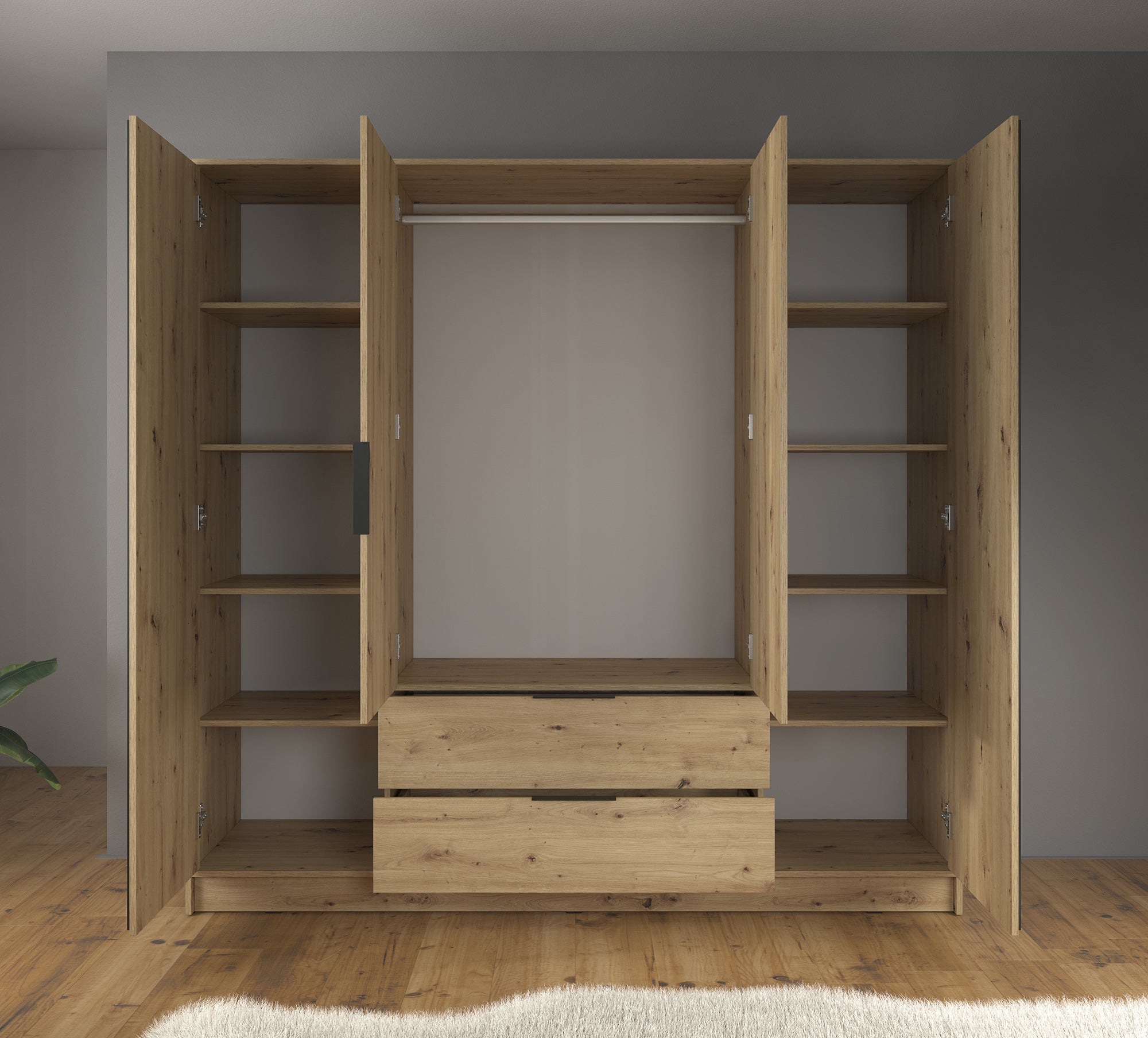 Nairobi - Kledingkast 4-deurs - Eiken/zwart  - 206x51x200 cm