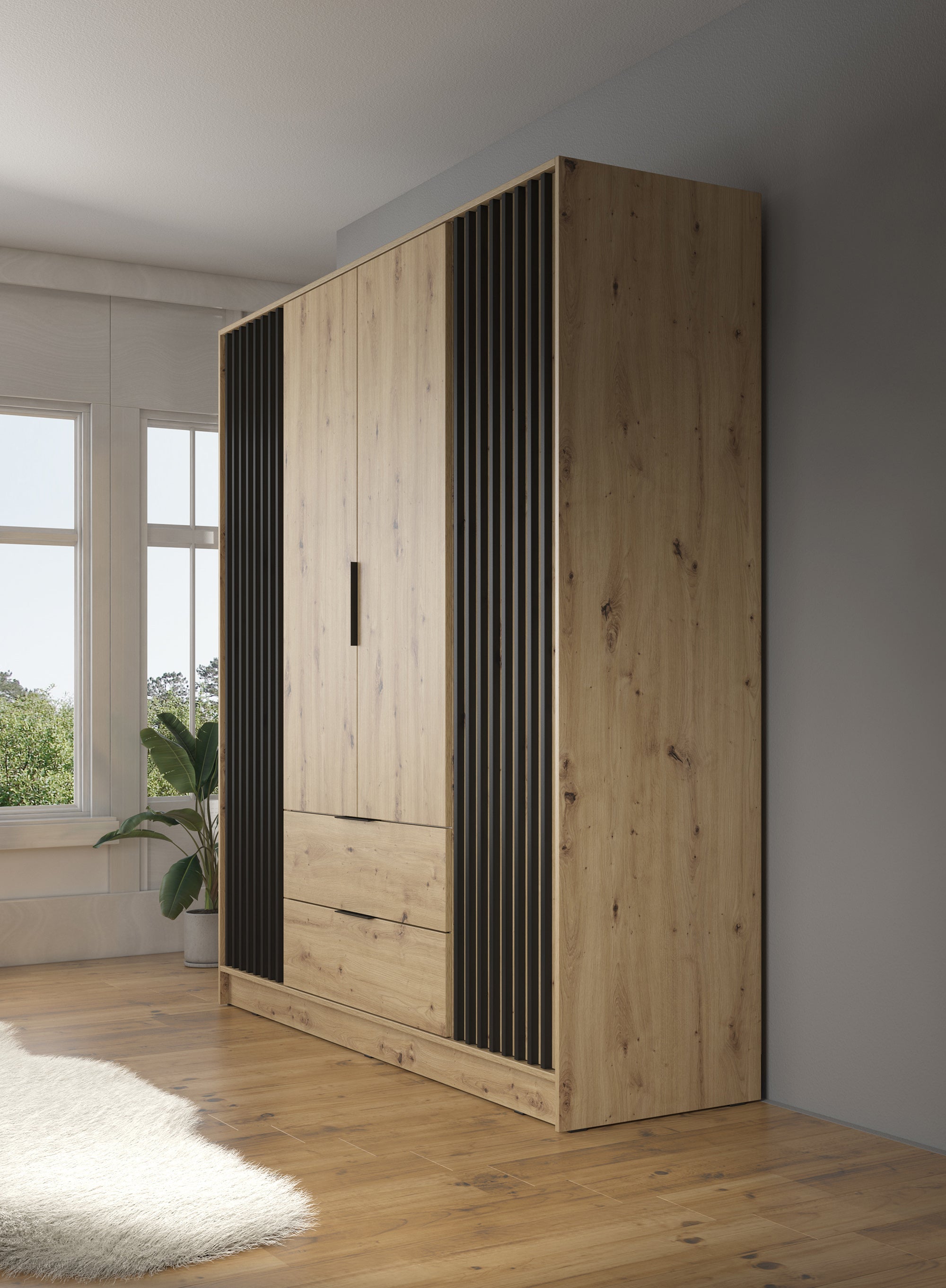 Nairobi - Kledingkast 4-deurs - Eiken/zwart  - 206x51x200 cm