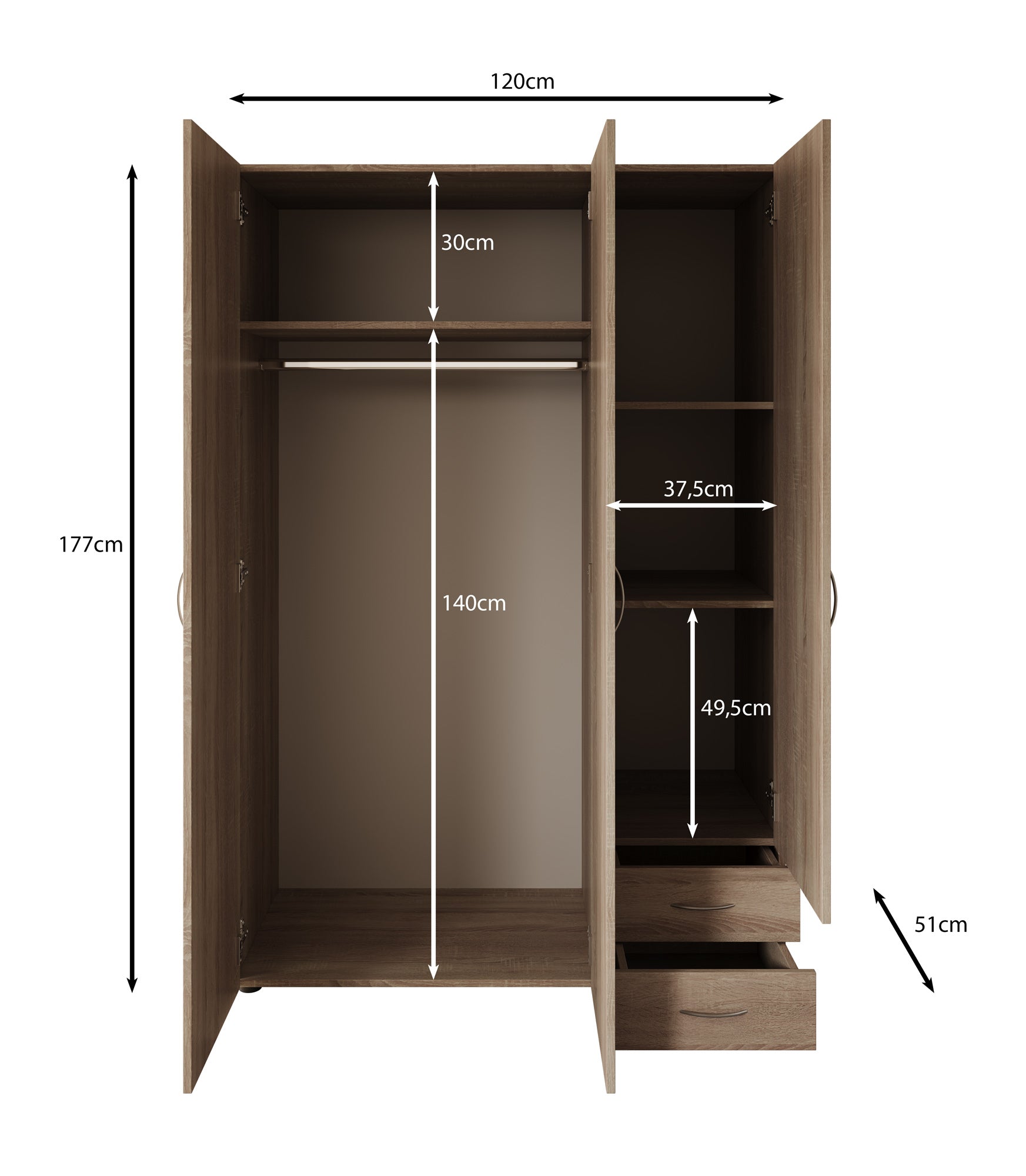 Serra - Kledingkast 3-deurs - Wit - 120x51x177 cm