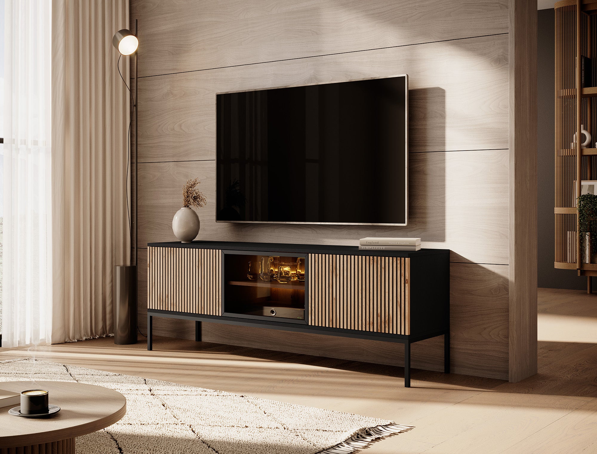 Legend - TV-Meubel met 3 deuren - Mat zwart/eiken - 154 cm