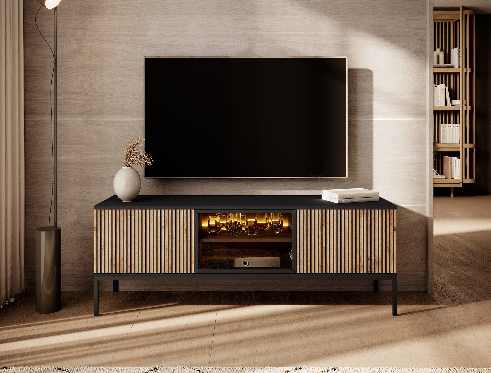 Legend - TV-Meubel met 3 deuren - Mat zwart/eiken - 154 cm