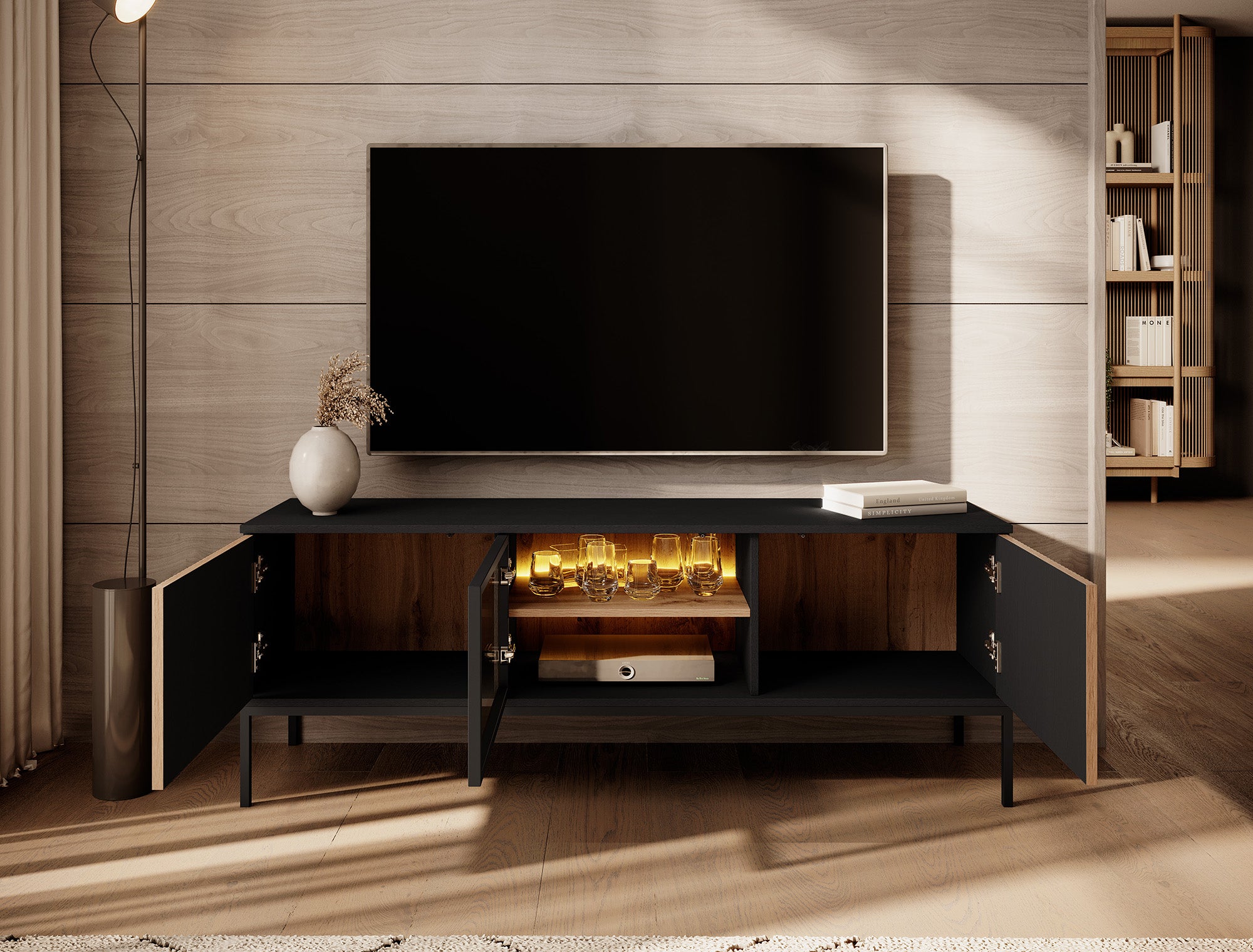 Legend - TV-Meubel met 3 deuren - Mat zwart/eiken - 154 cm