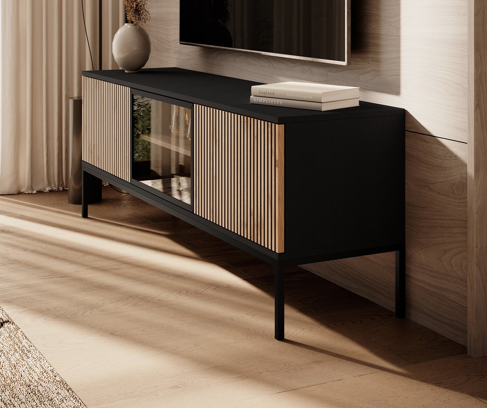 Legend - TV-Meubel met 3 deuren - Mat zwart/eiken - 154 cm