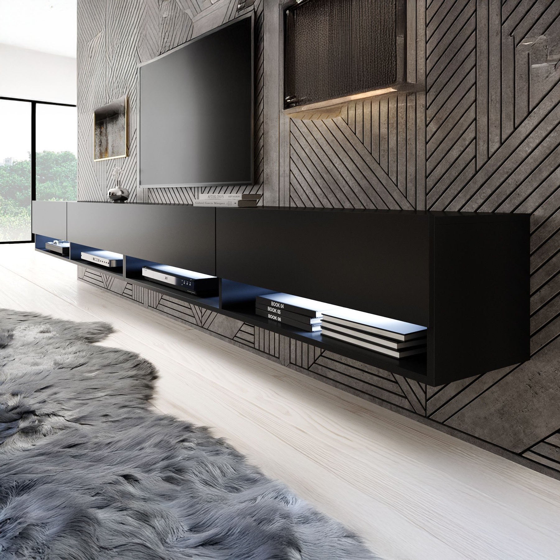 Asino - TV-Meubel met verlichting - Mat zwart - 280 cm
