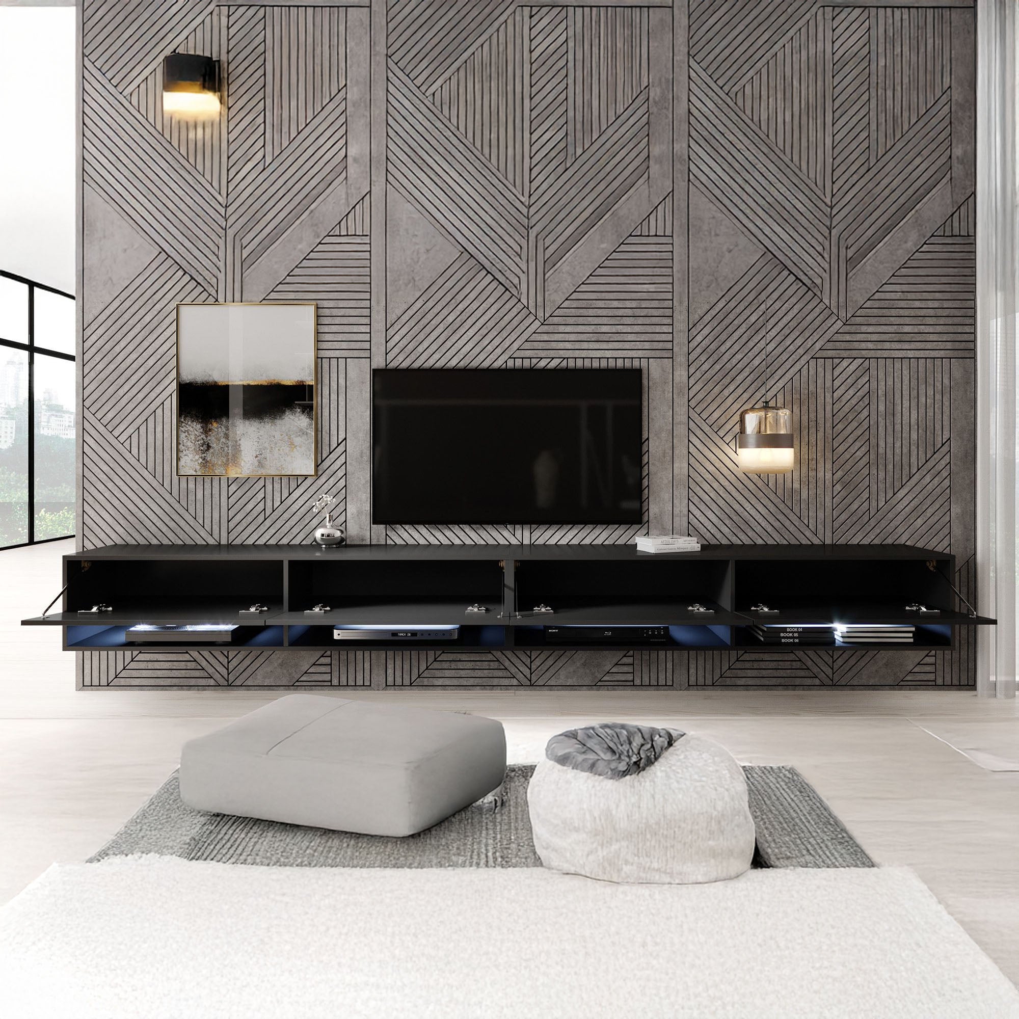 Asino - TV-Meubel met verlichting - Mat zwart - 280 cm