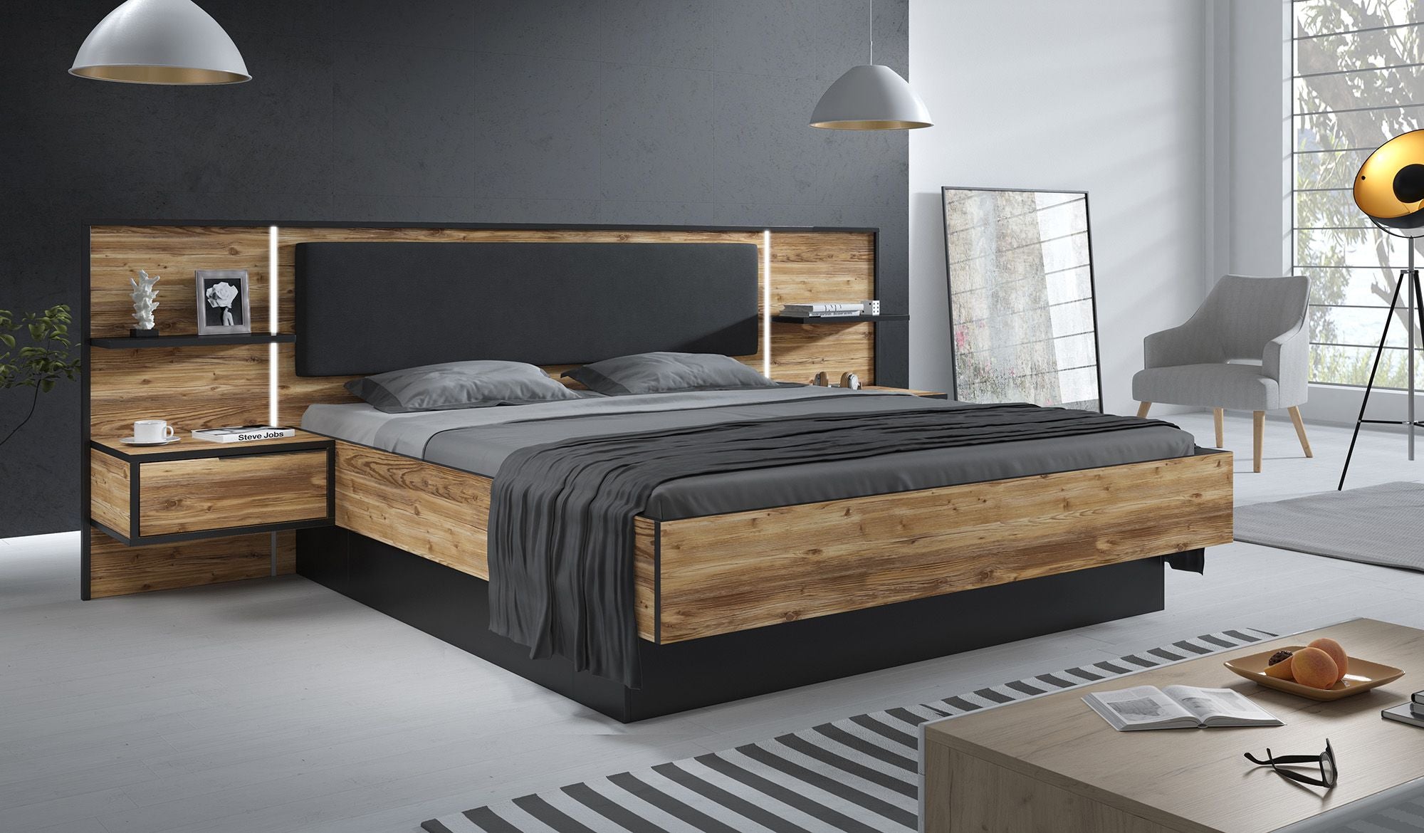 Bedkast met opbergruimte - Met ledverlichting - L265 cm - Kleur: naturel en zwart - VELONA Bedkast met opbergruimte - Met ledverlichting - L265 cm - Kleur: naturel en zwart - VELONA