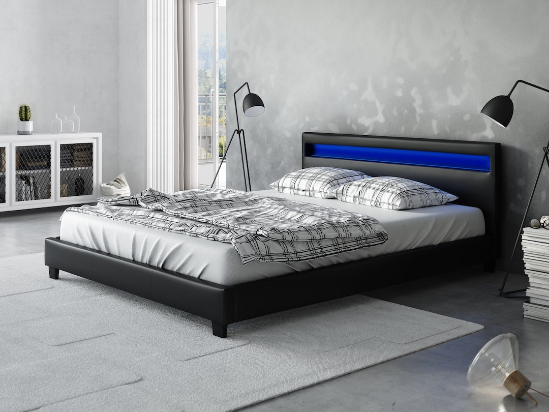Bed met nachtkastjes 160 x 200 cm met ledverlichting, kleur: naturel en zwart - ARIADA Bed met nachtkastjes 160 x 200 cm met ledverlichting, kleur: naturel en zwart - ARIADA
