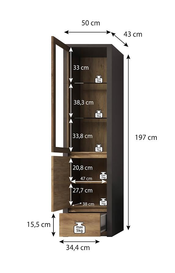 Monaco - Vitrinekast - Eiken/grijs - 50x43x197 cm